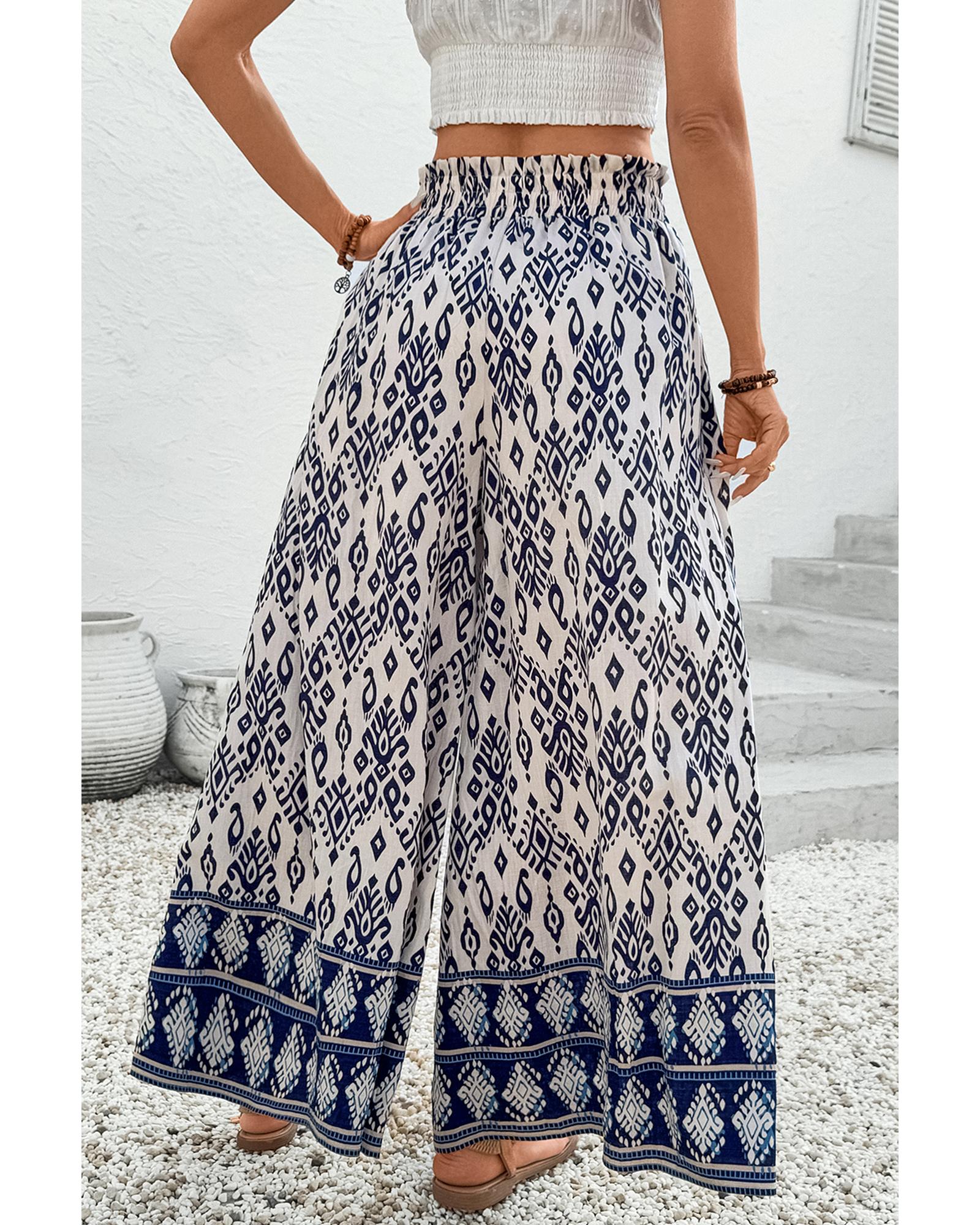 Blue Boho Pattern Print High Waist Wide Leg Loose Pants - M