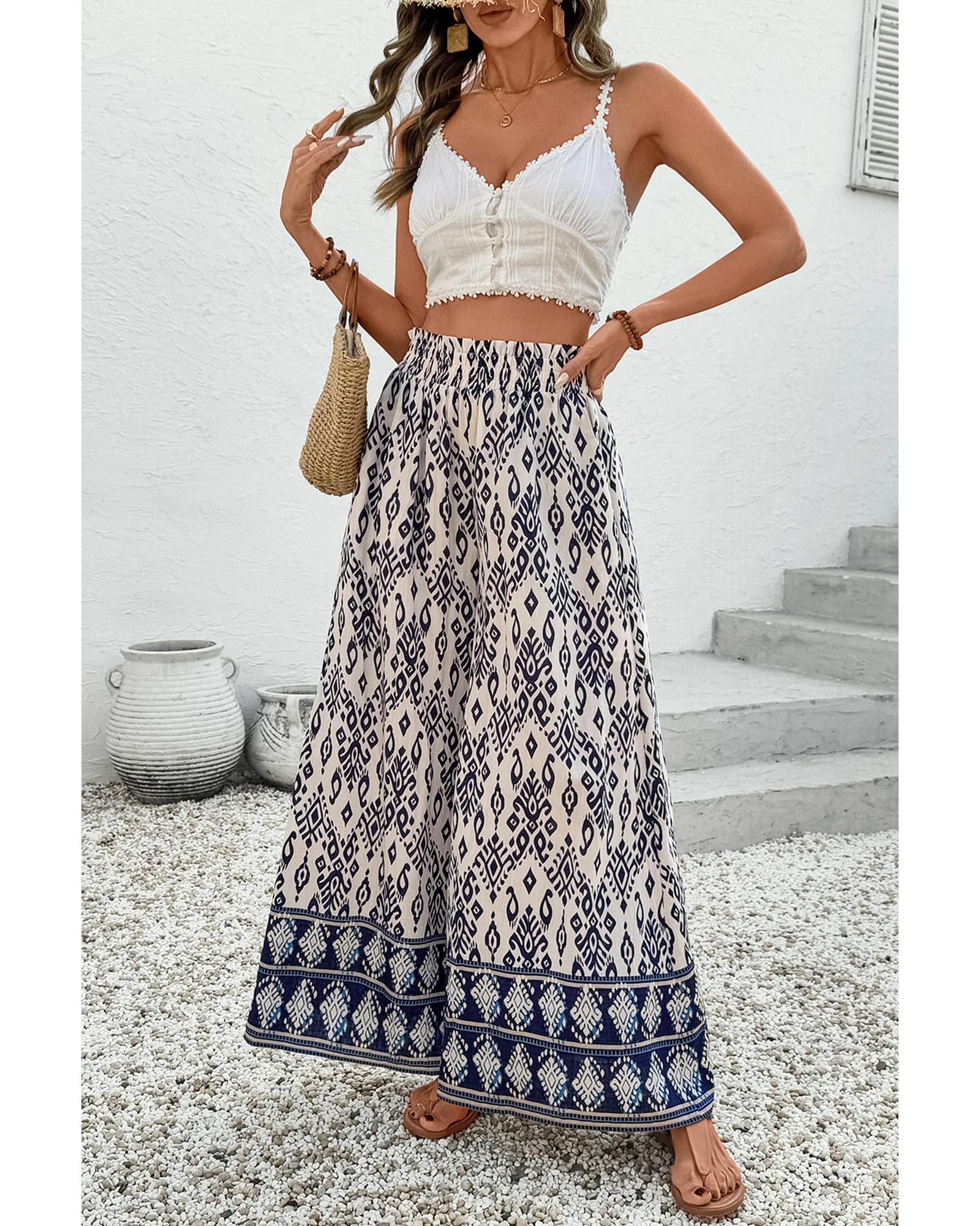 Blue Boho Pattern Print High Waist Wide Leg Loose Pants - M
