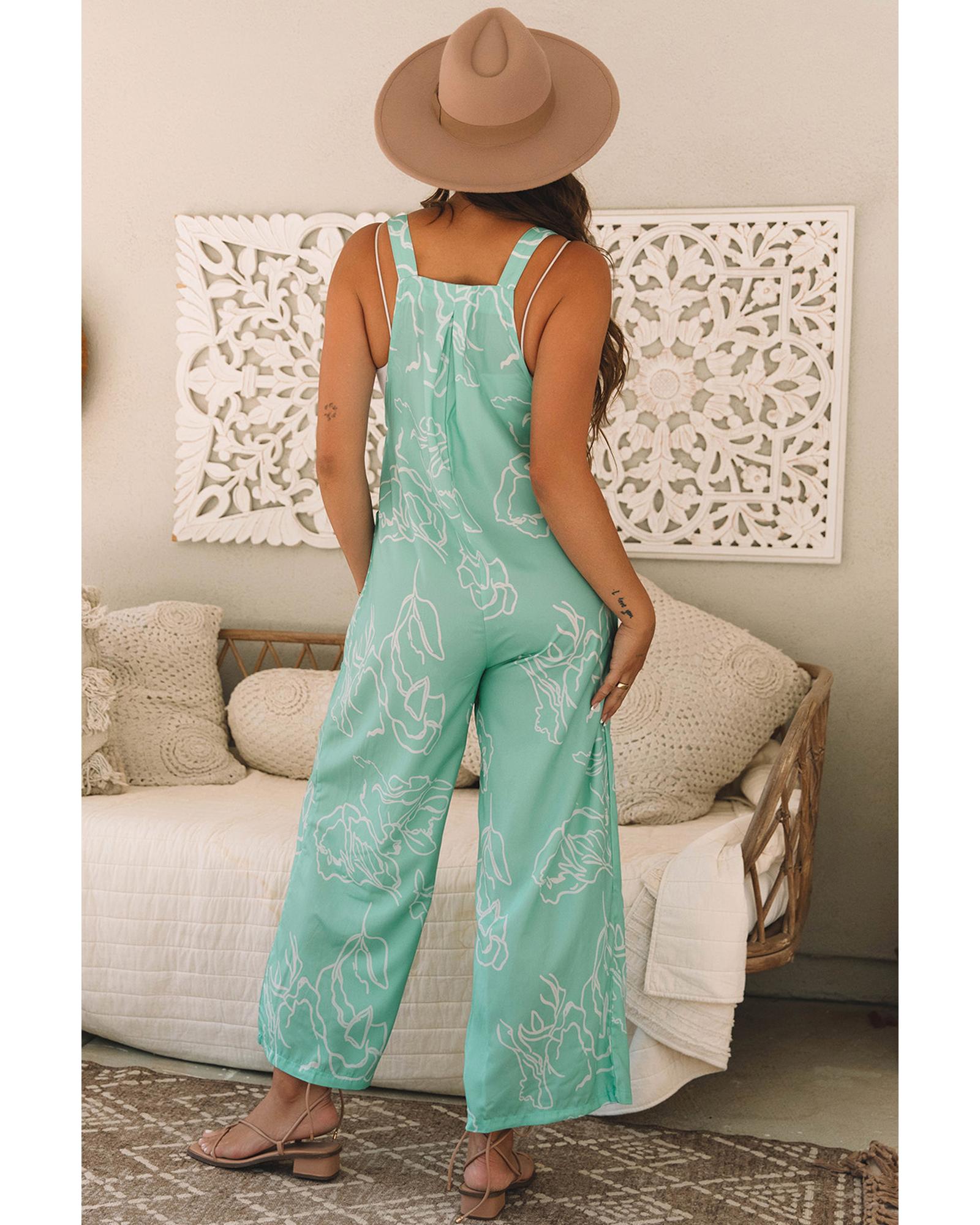 Moonlight Jade Printed Bib Wide Leg Overalls - S