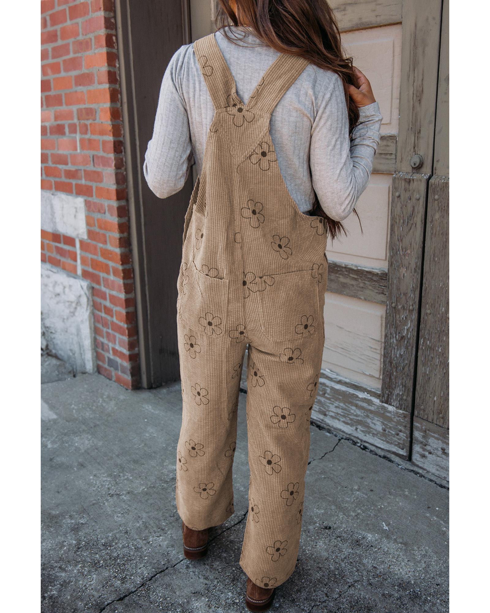 Khaki Flower Print Corduroy Overalls - M