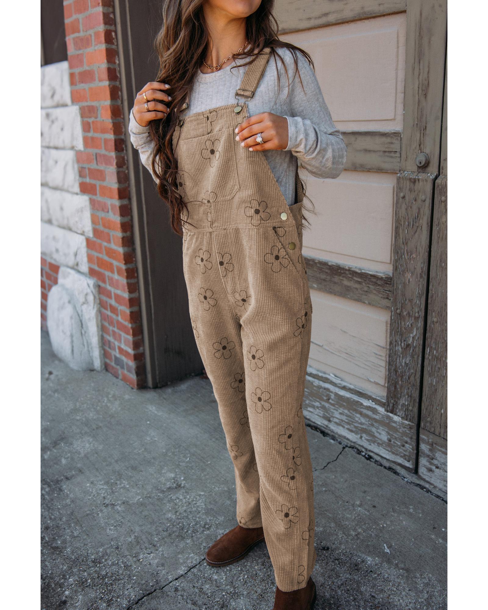 Khaki Flower Print Corduroy Overalls - M