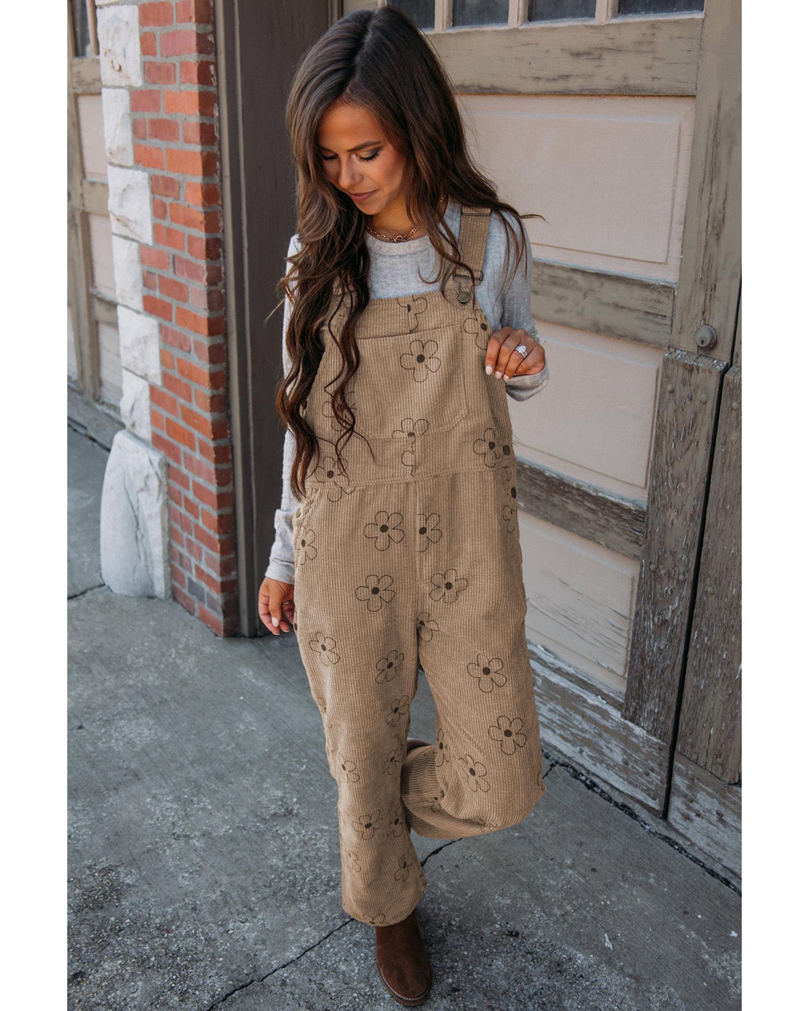 Khaki Flower Print Corduroy Overalls - XL
