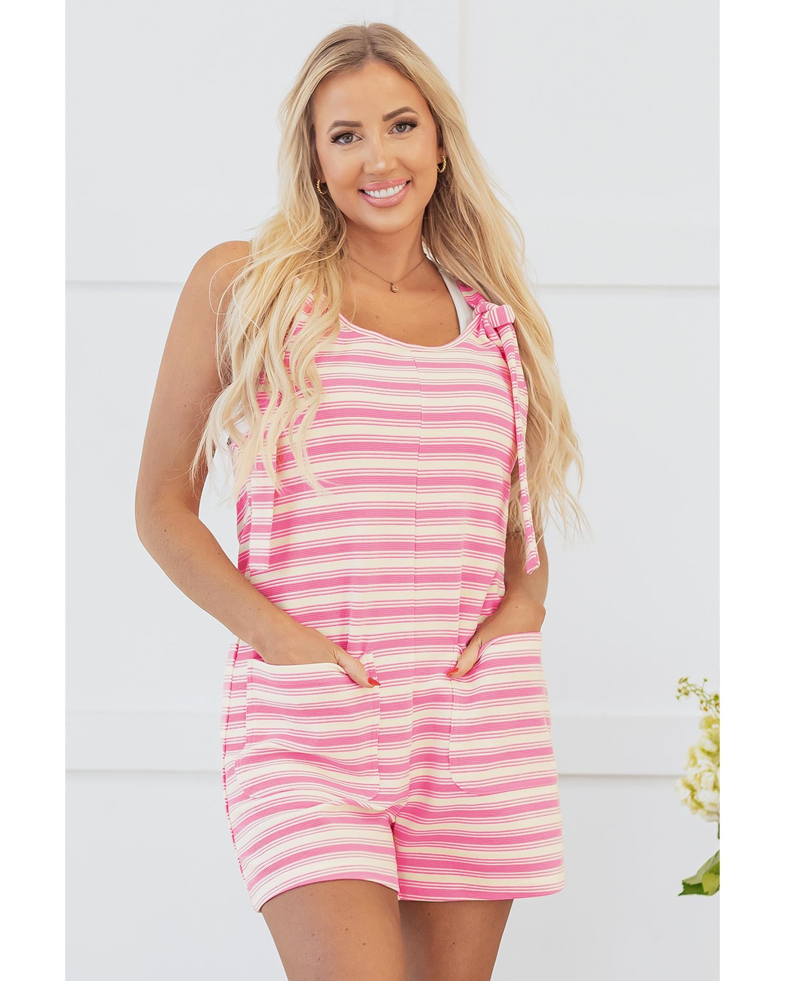 Pink Stripe Knotted Strap Patched Pocket Romper - L
