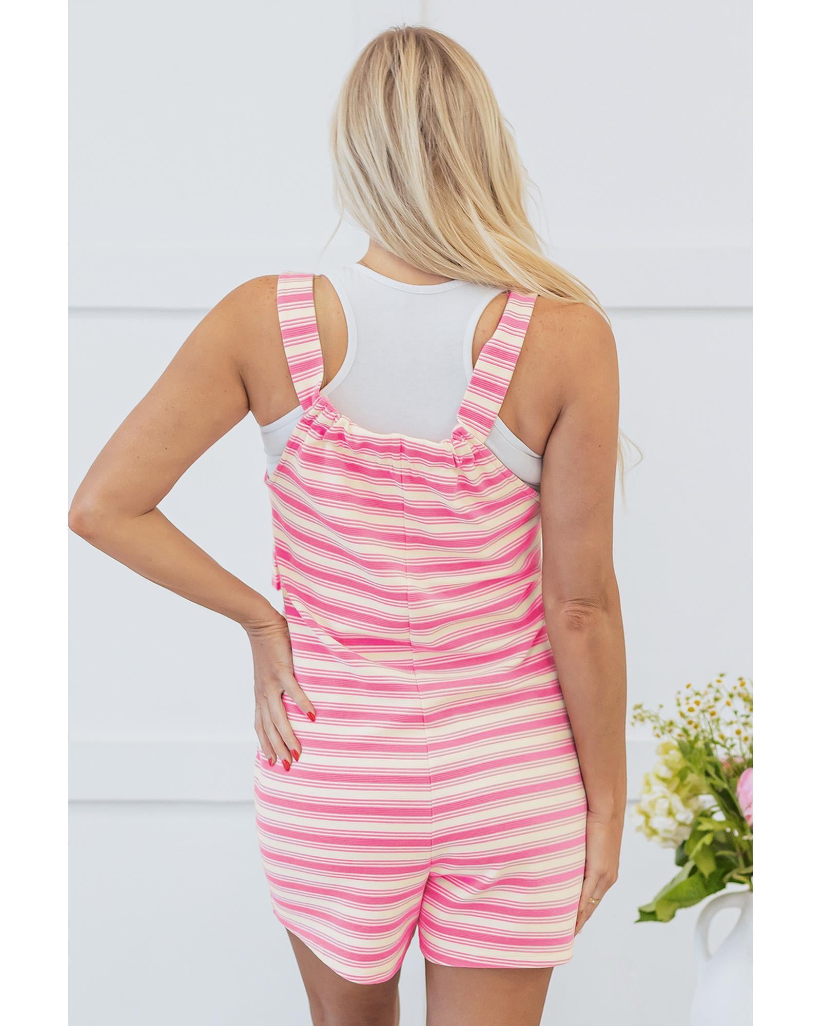Pink Stripe Knotted Strap Patched Pocket Romper - M