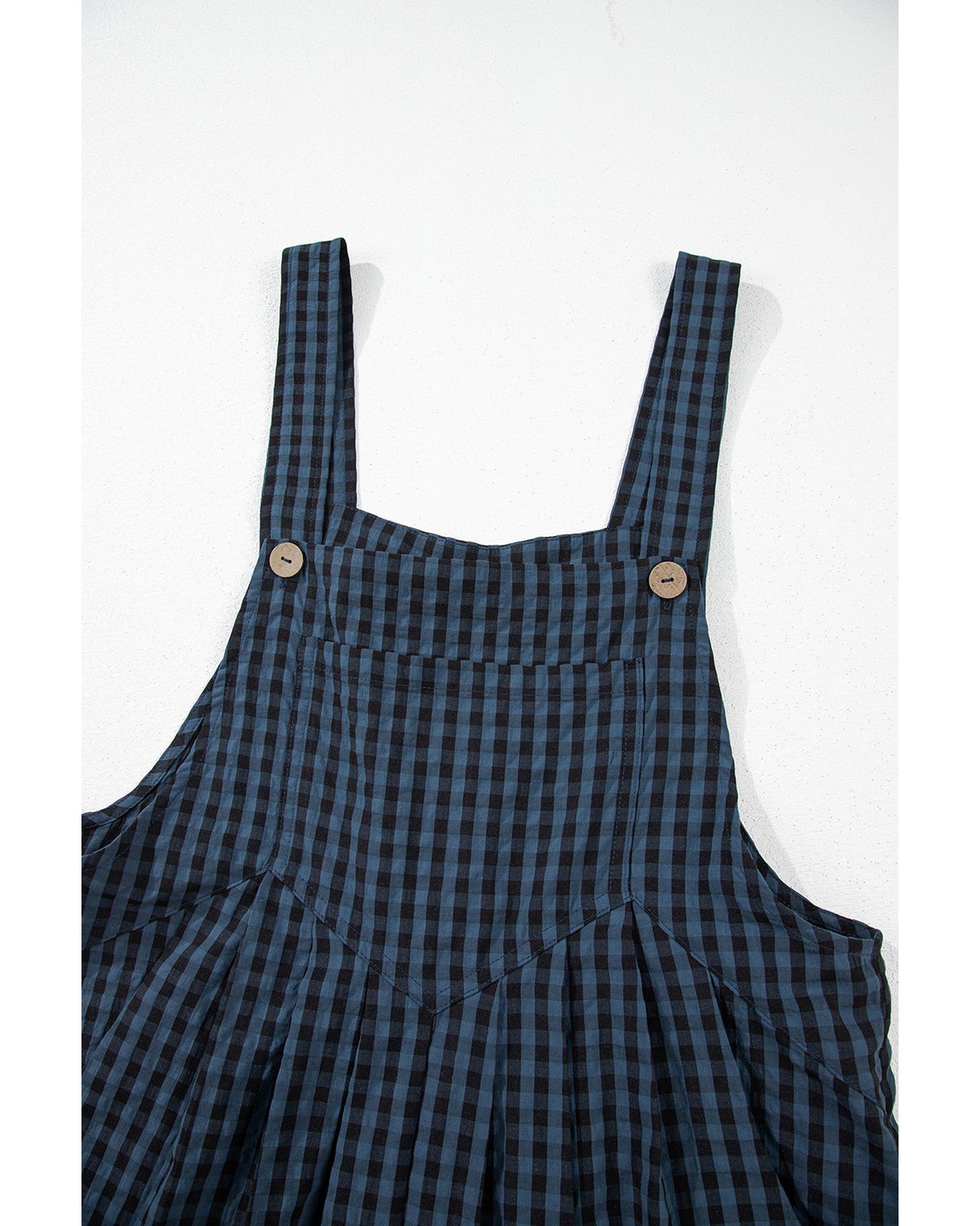 Sail Blue Plaid Print Buttoned Pocketed High Waist Overall - L
