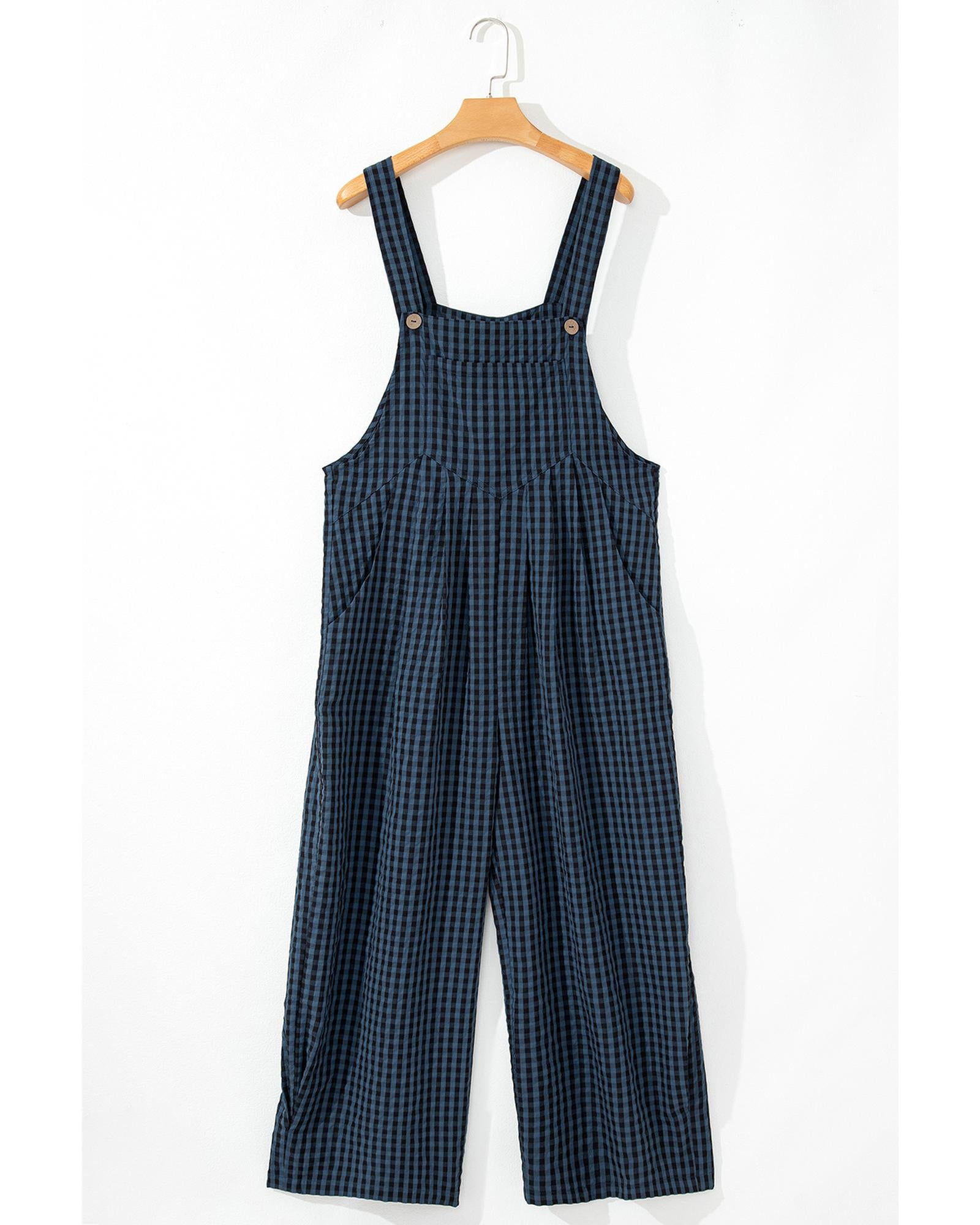 Sail Blue Plaid Print Buttoned Pocketed High Waist Overall - L