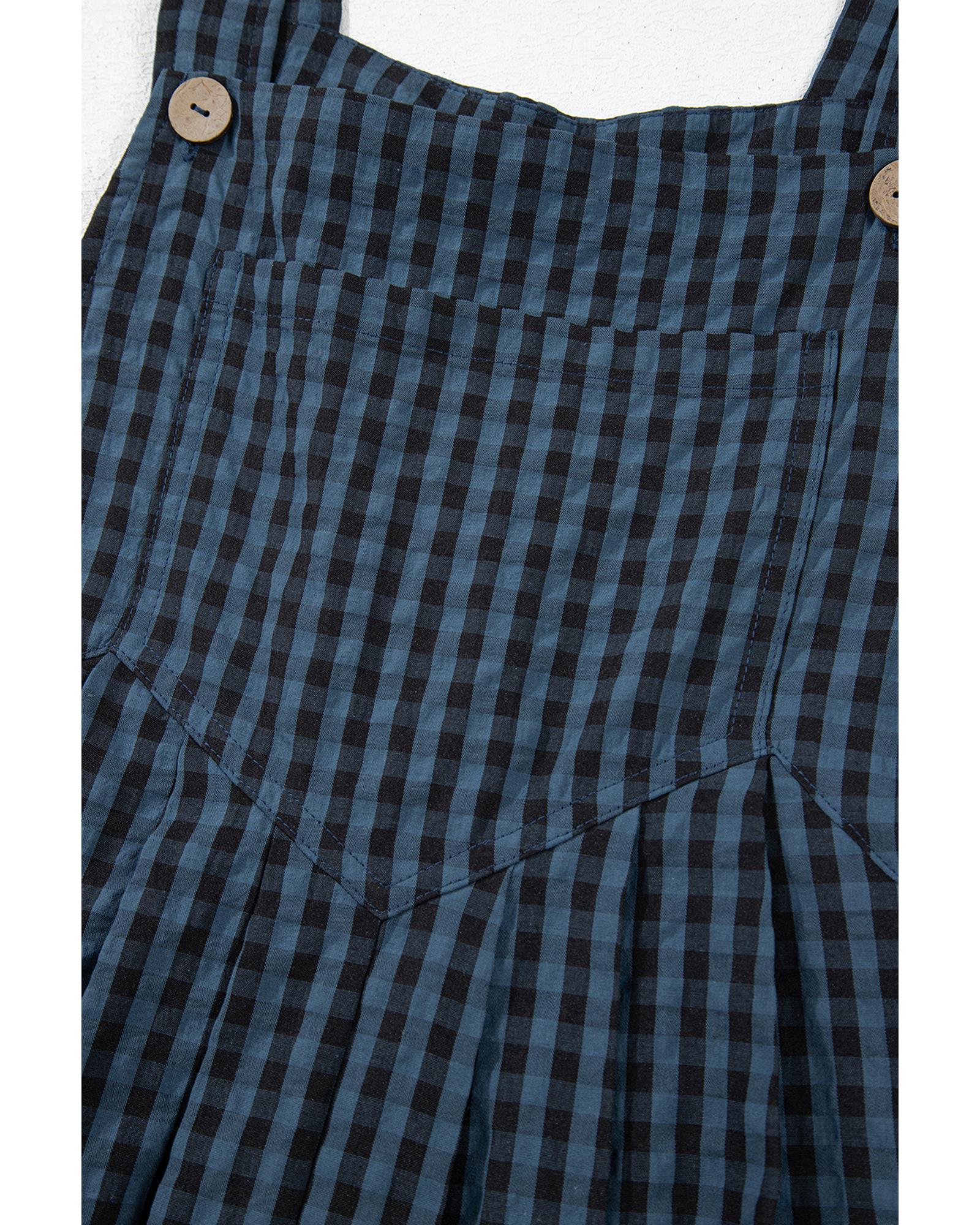 Sail Blue Plaid Print Buttoned Pocketed High Waist Overall - L