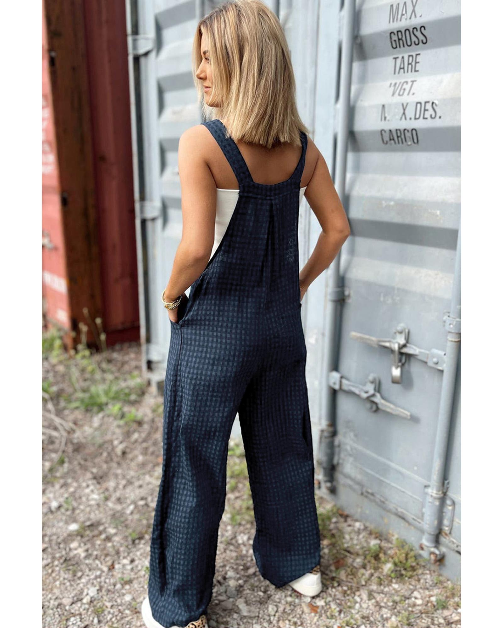Sail Blue Plaid Print Buttoned Pocketed High Waist Overall - L