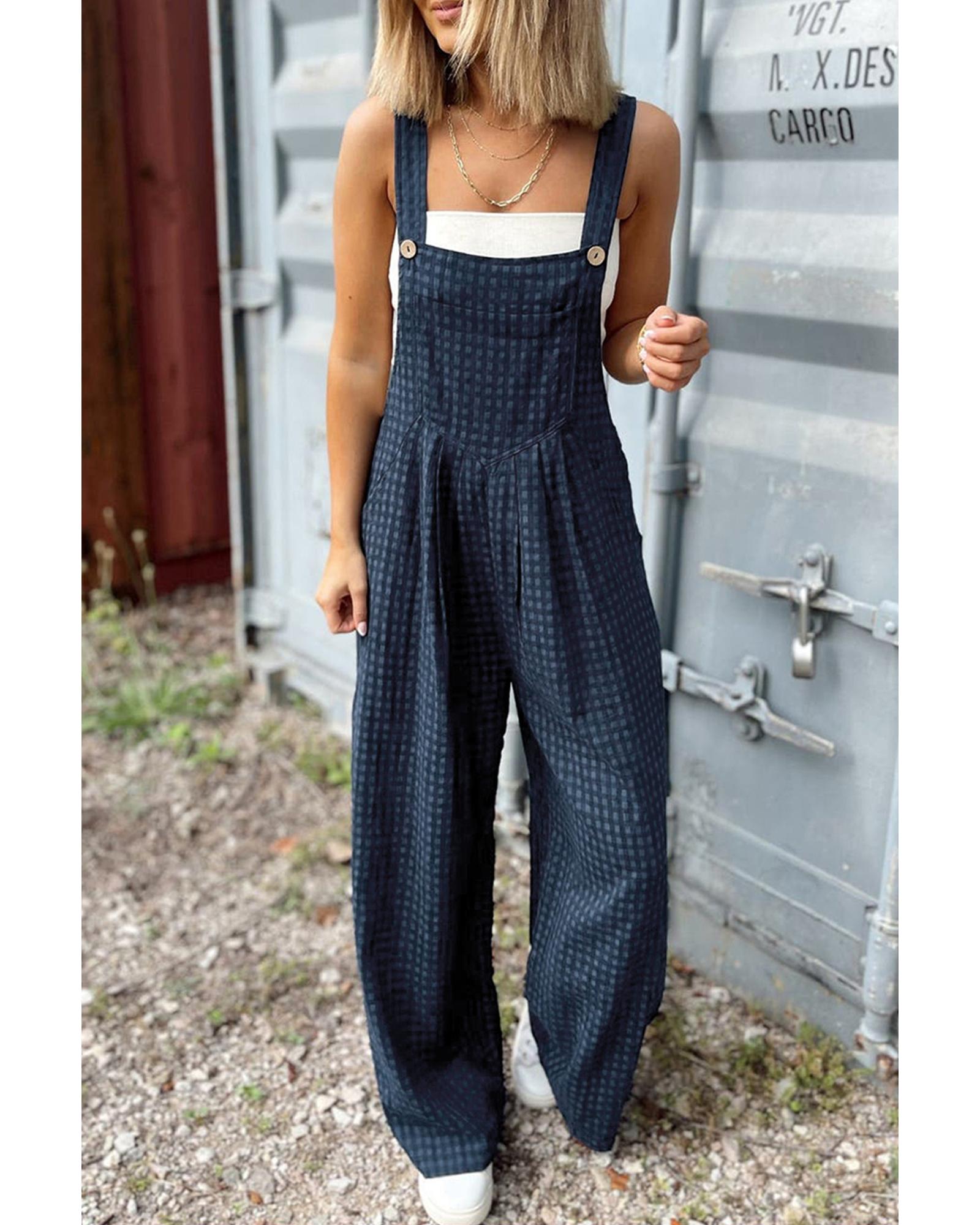 Sail Blue Plaid Print Buttoned Pocketed High Waist Overall - M