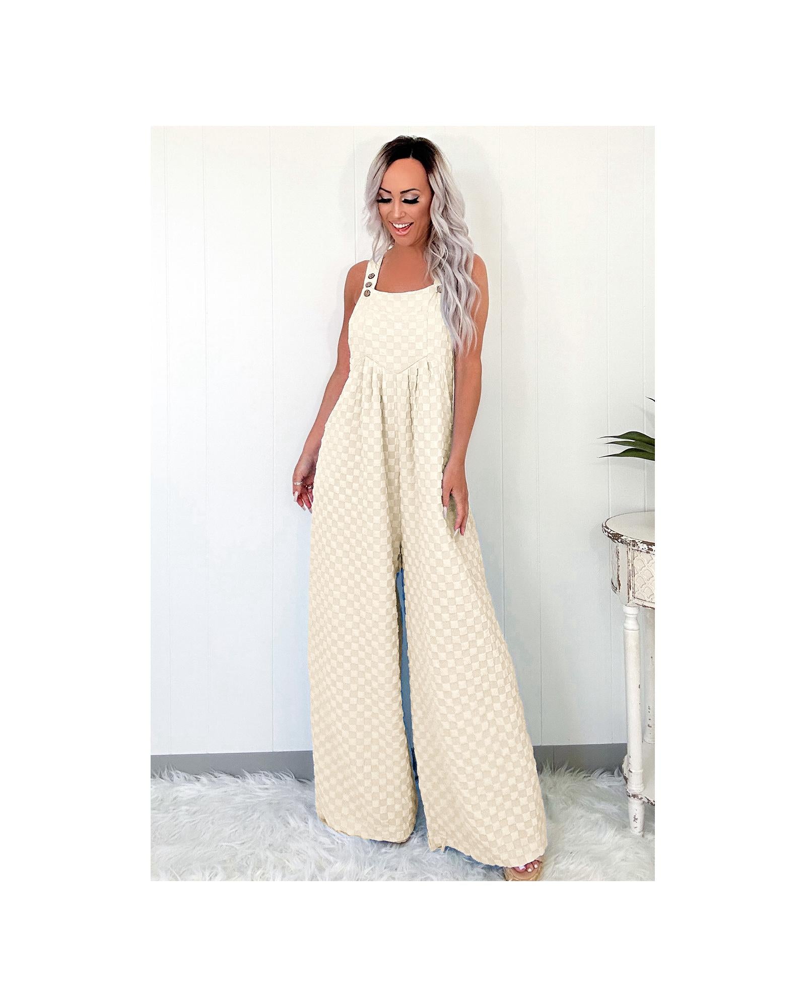 Beige Checkered Pocketed High Waist Wide Leg Overall - XL