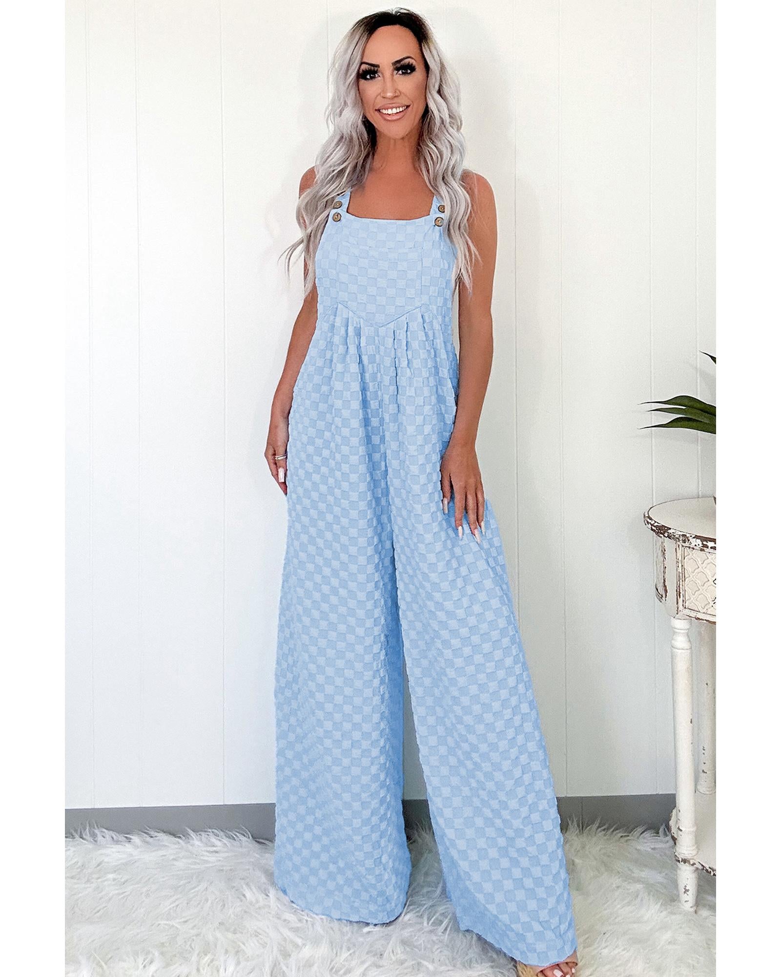 Beau Blue Checkered Pocketed High Waist Wide Leg Overall - L