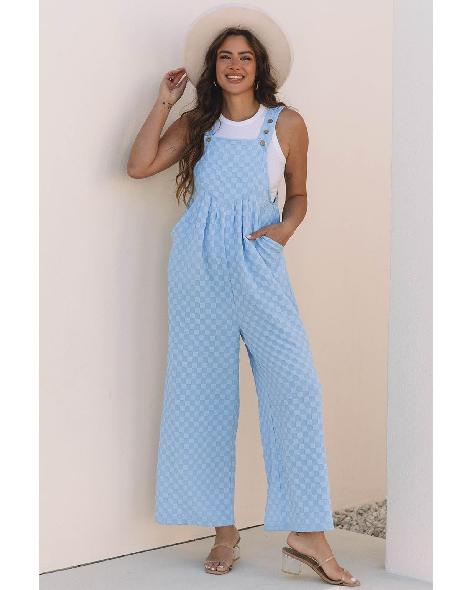 Beau Blue Checkered Pocketed High Waist Wide Leg Overall - M