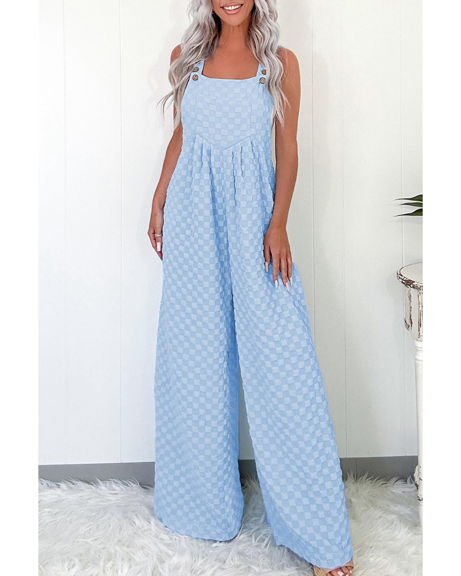 Beau Blue Checkered Pocketed High Waist Wide Leg Overall - M