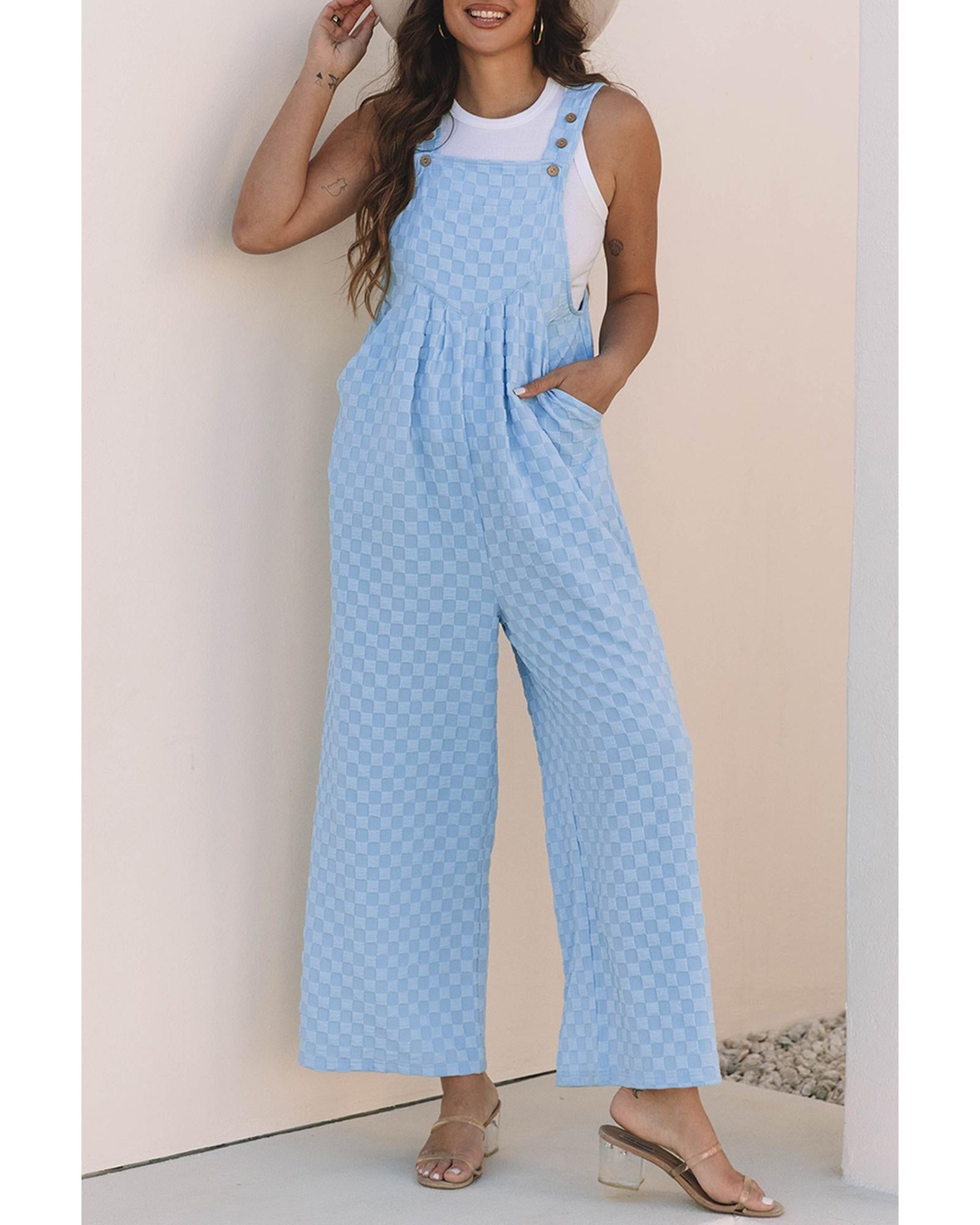 Beau Blue Checkered Pocketed High Waist Wide Leg Overall - XL
