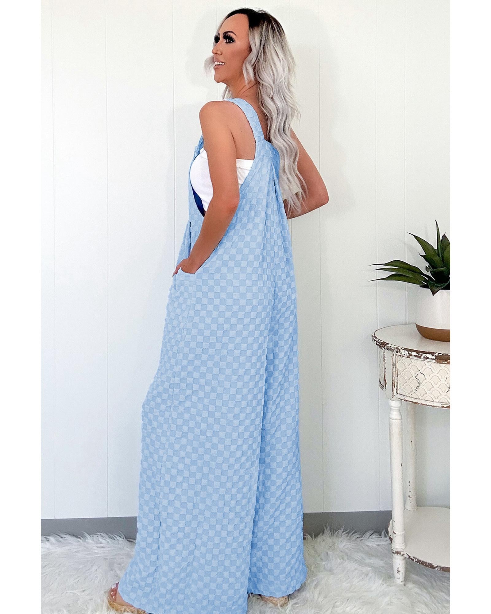 Beau Blue Checkered Pocketed High Waist Wide Leg Overall - XL