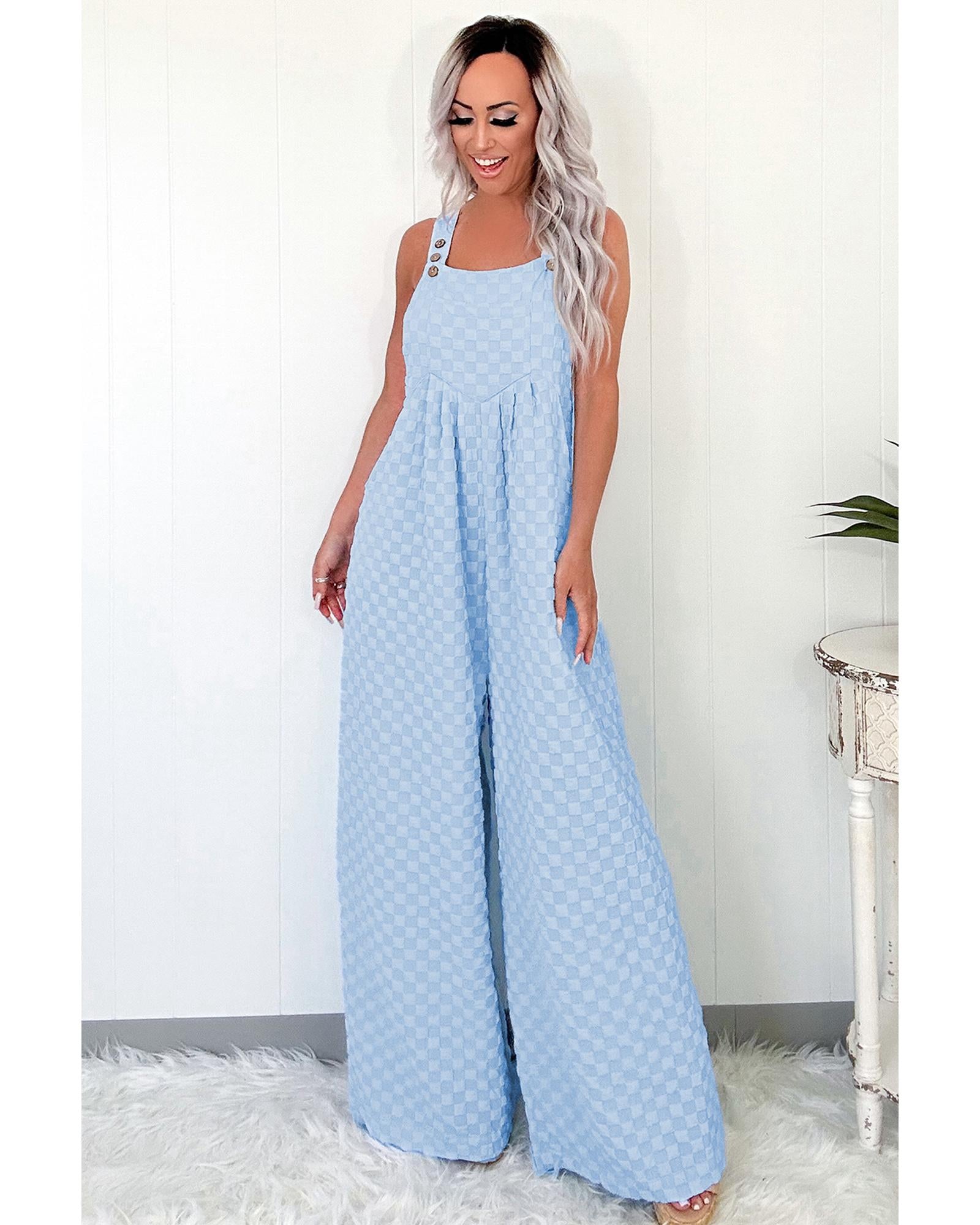 Beau Blue Checkered Pocketed High Waist Wide Leg Overall - XL