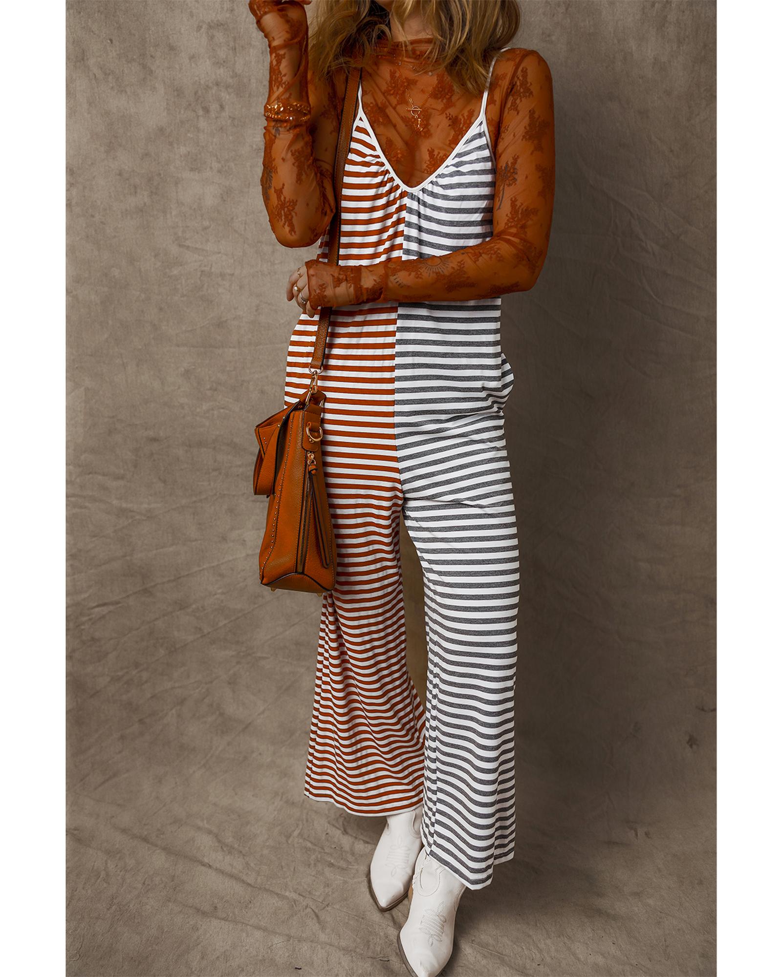 Yellow Stripe Two Tone Contrast Spaghetti Strap Backless Overall - L