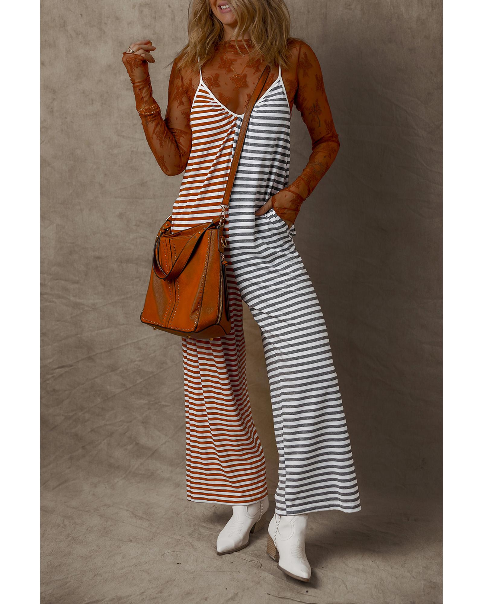 Yellow Stripe Two Tone Contrast Spaghetti Strap Backless Overall - L