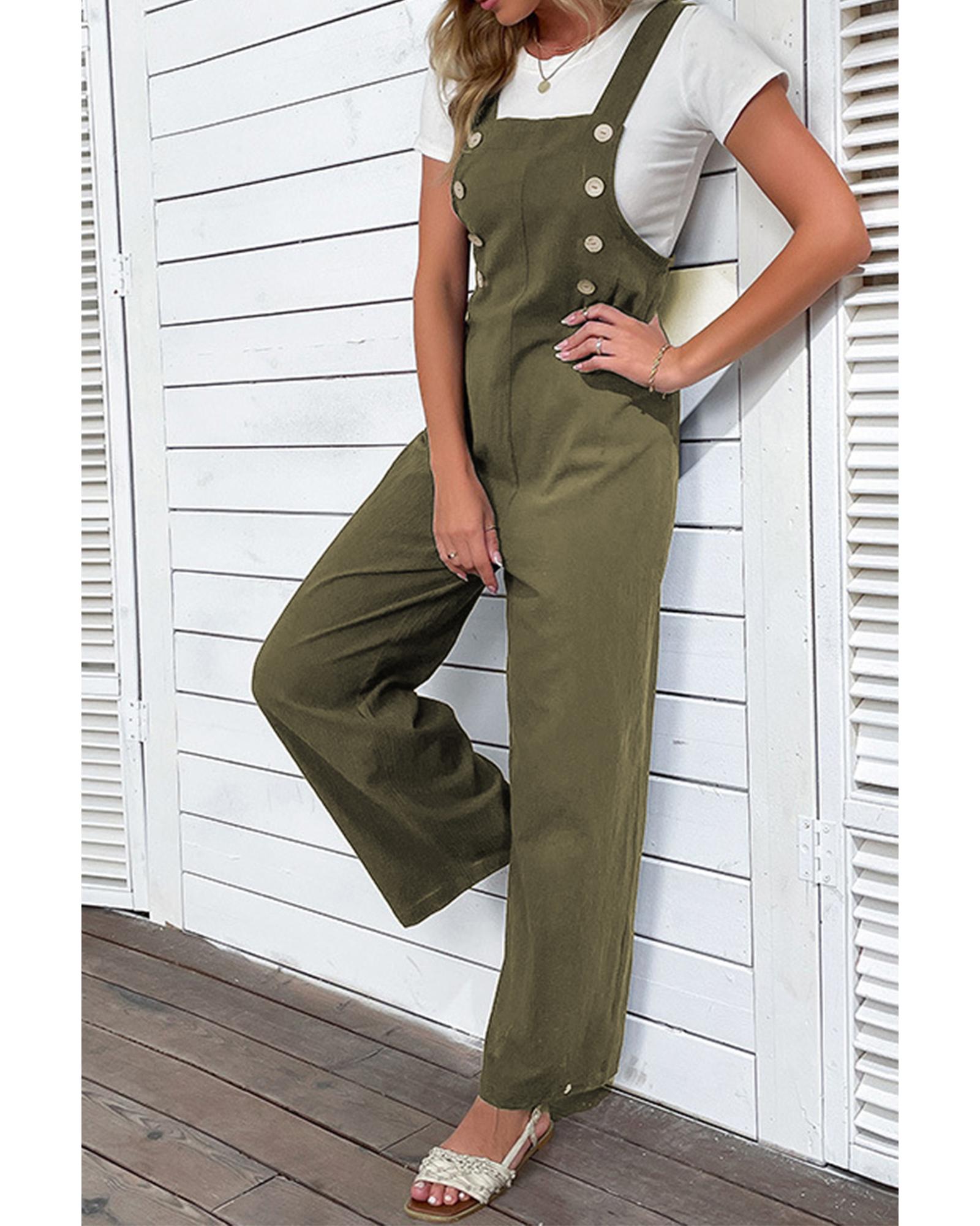 Jungle Green Solid Color Buttoned Straight Leg Overall - L