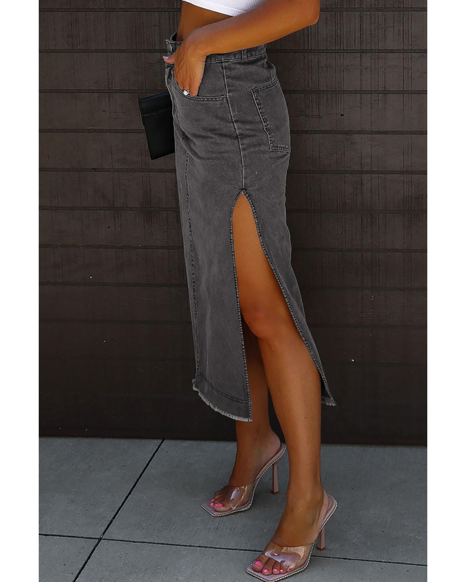 Black Raw Edge Side Slits Buttoned Midi Denim Skirt - L