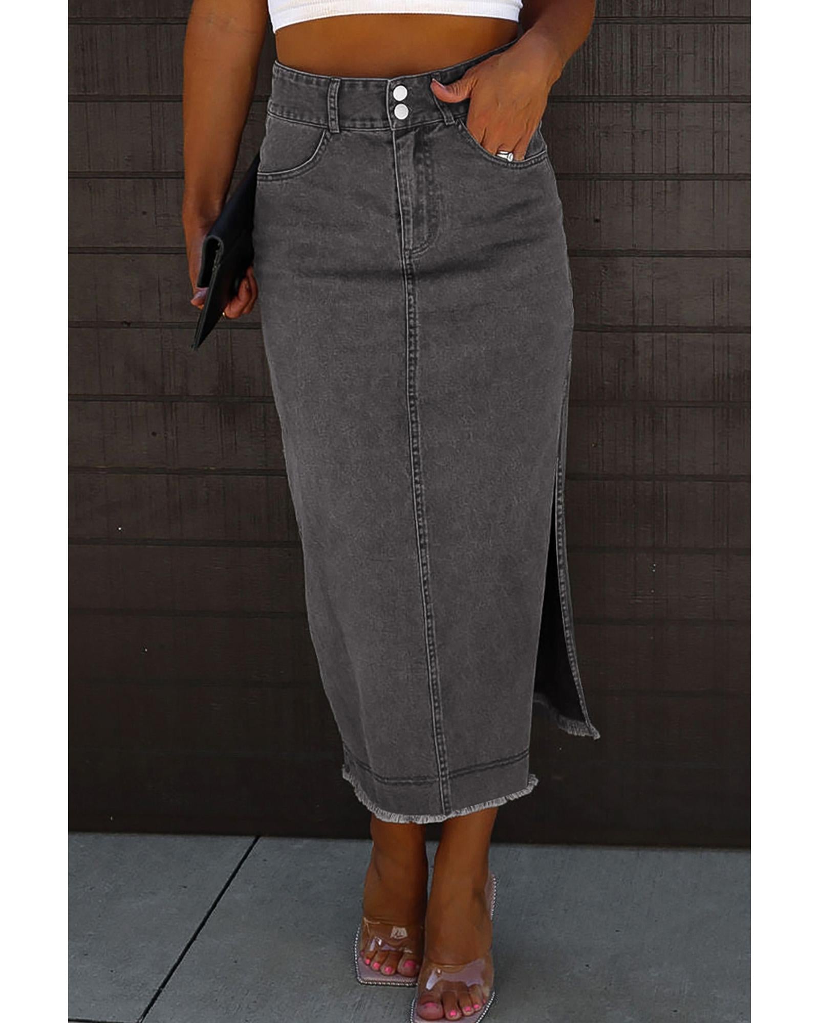 Black Raw Edge Side Slits Buttoned Midi Denim Skirt - L