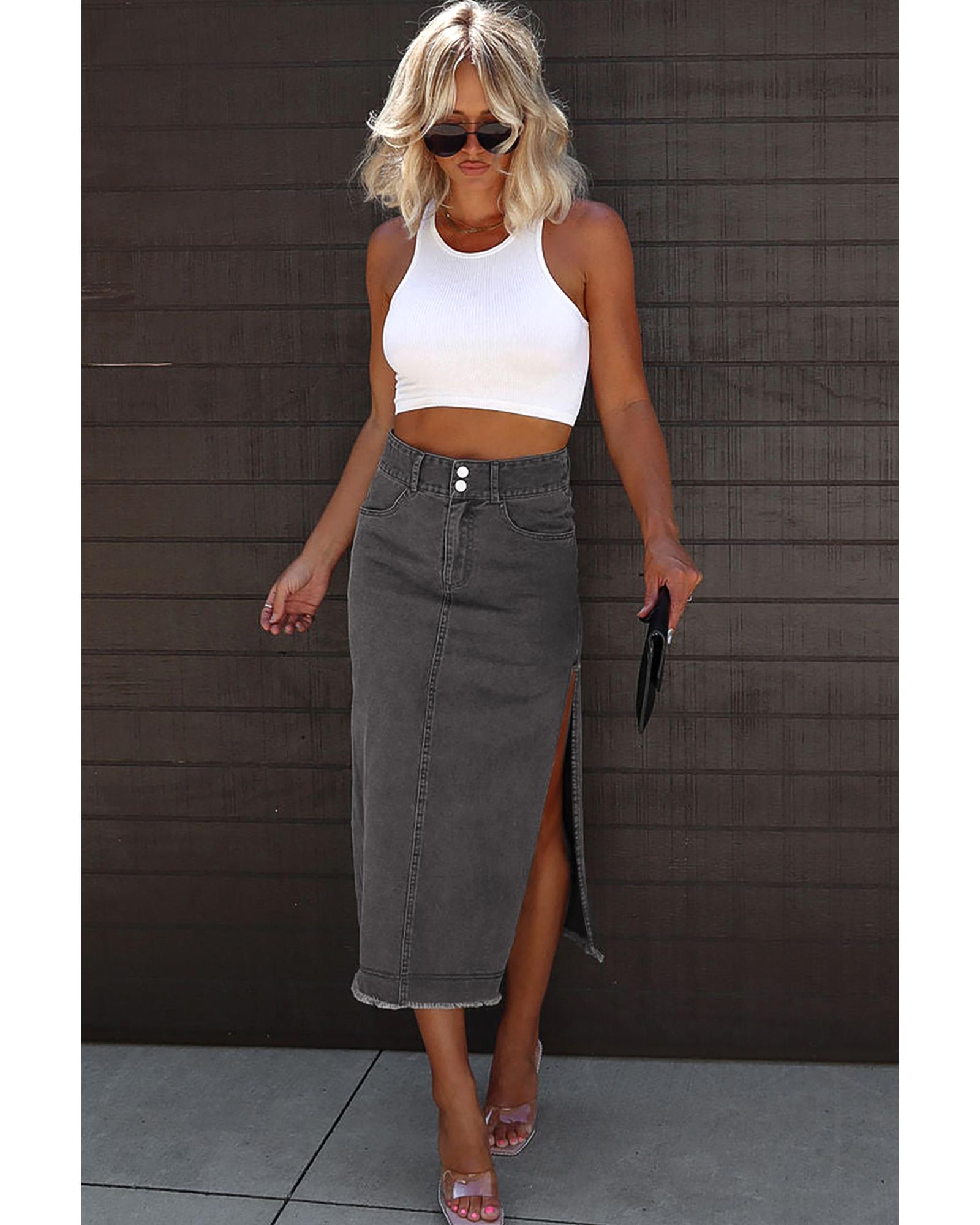 Black Raw Edge Side Slits Buttoned Midi Denim Skirt - L