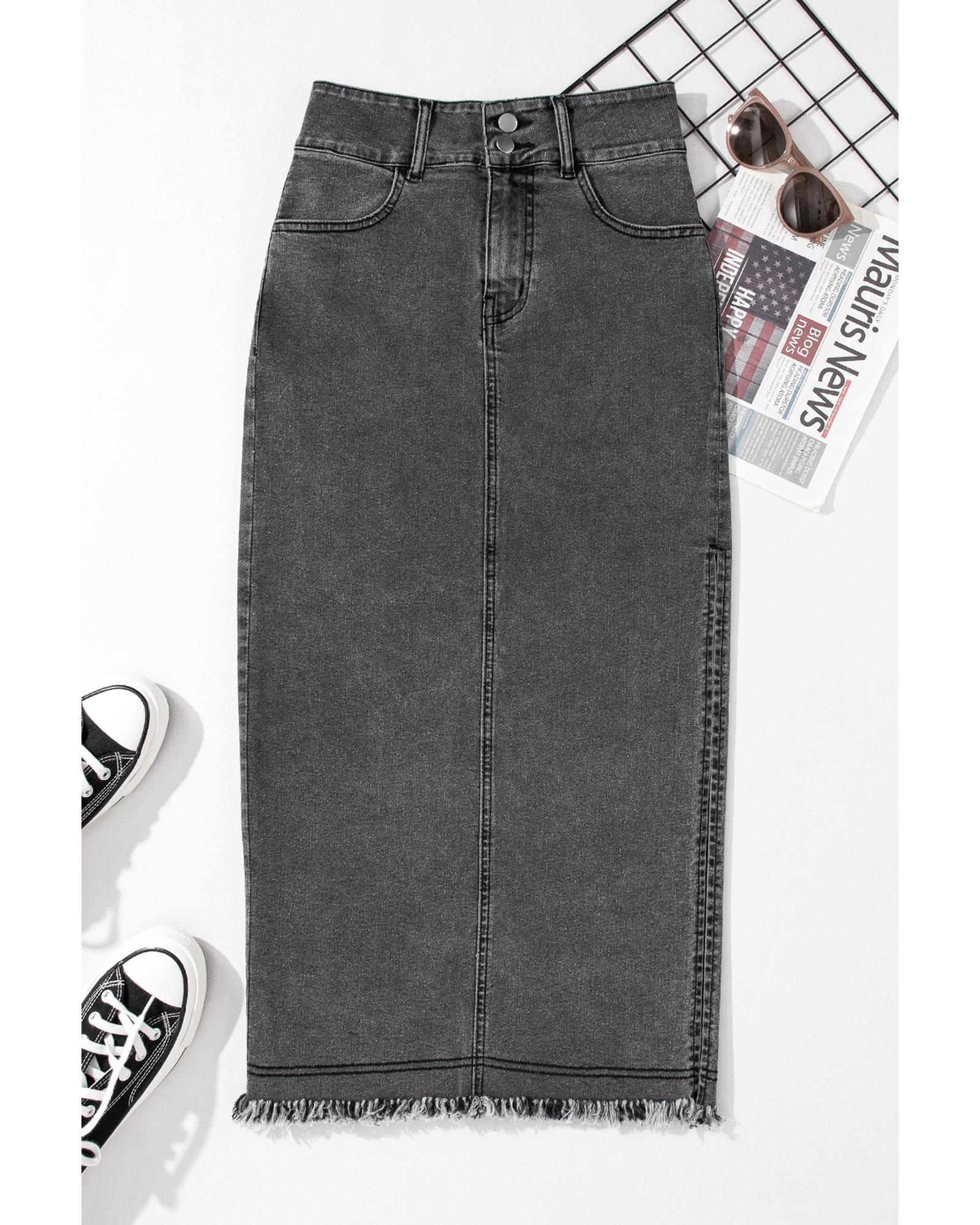 Black Raw Edge Side Slits Buttoned Midi Denim Skirt - L