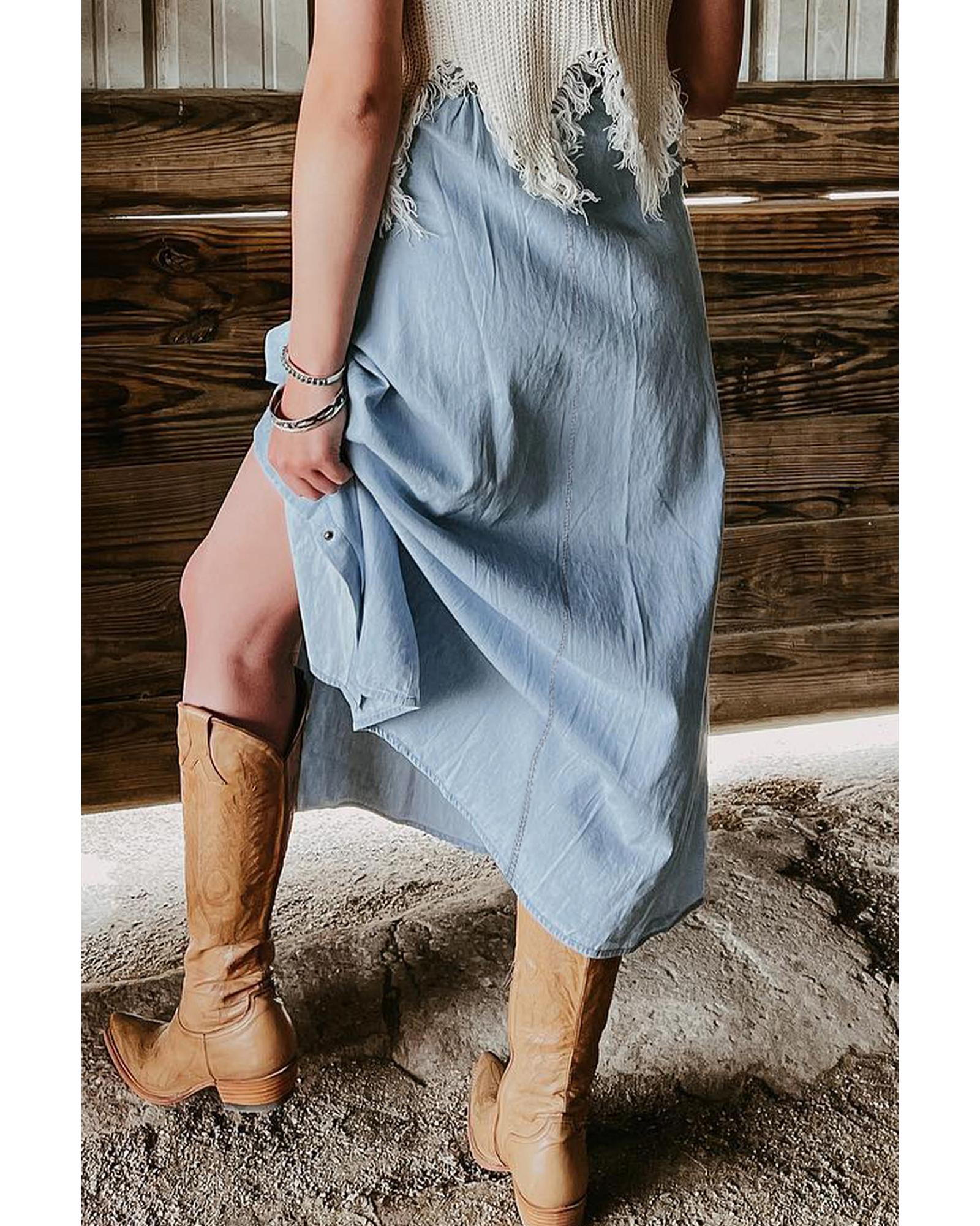 Mist Blue Fully Buttoned Long Denim Skirt - XL