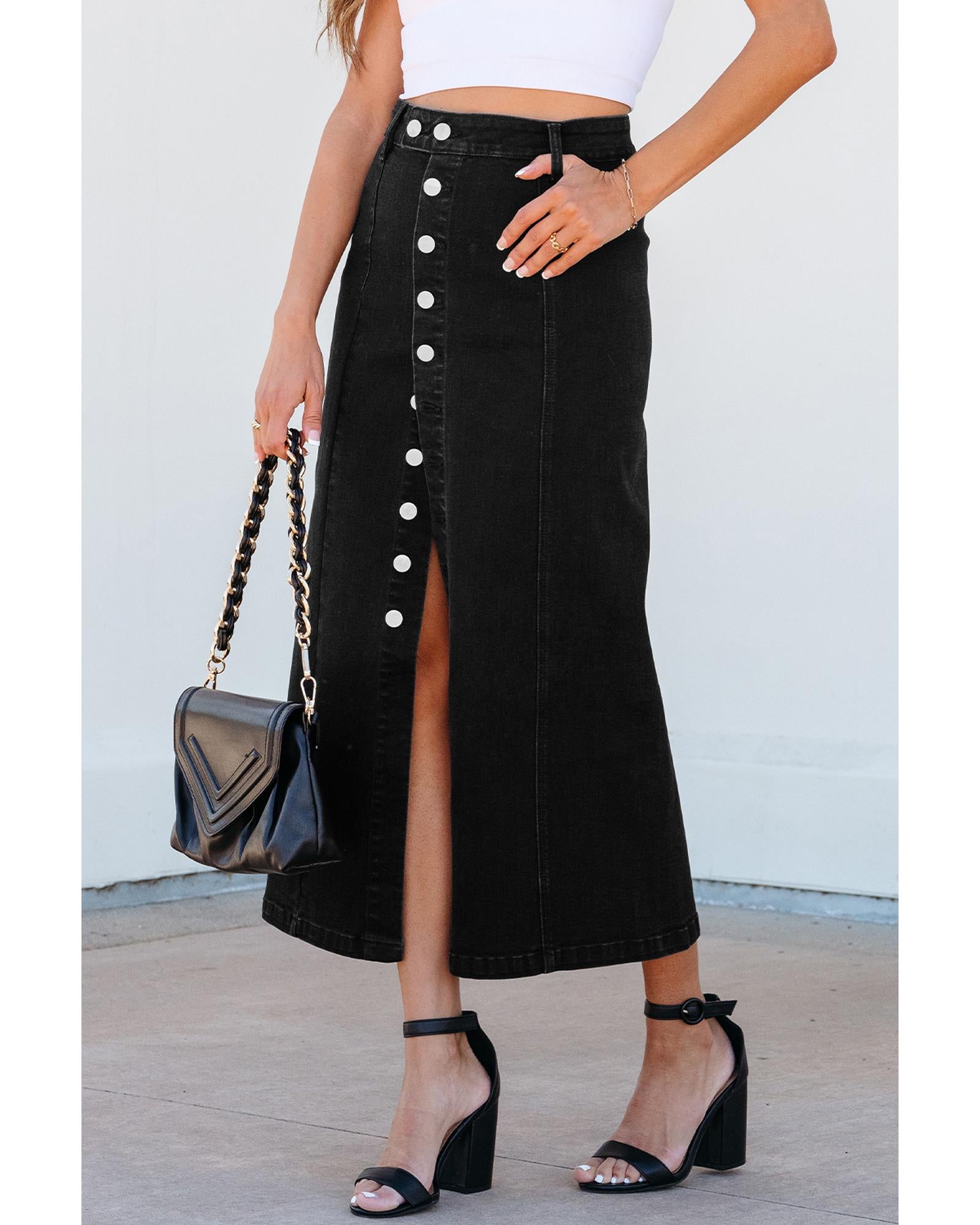 Black Button Fly Side Split High Waist Denim Midi Skirt - XL