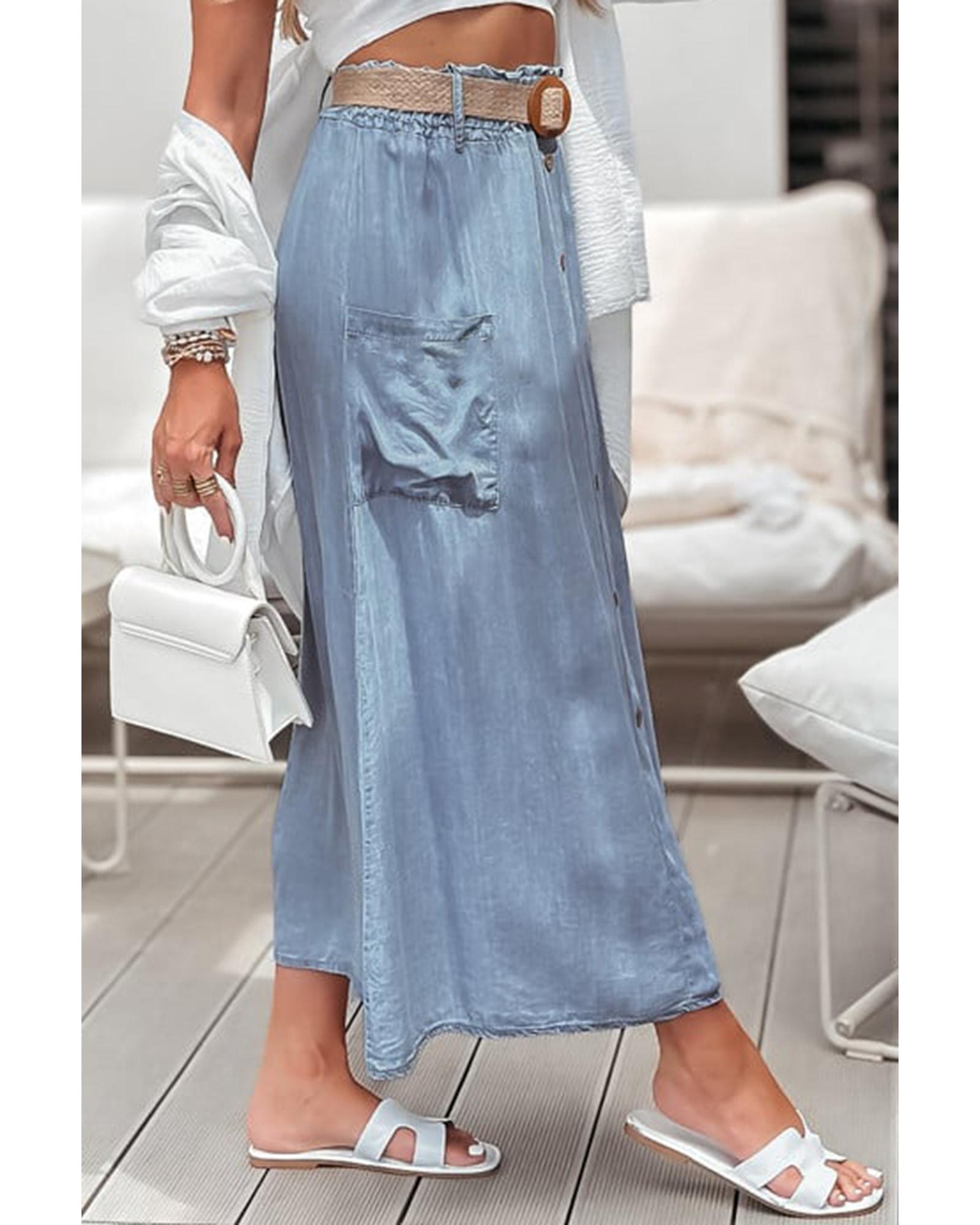 Beau Blue Buttoned Front High Waist Side Pockets Denim Maxi Skirt - L
