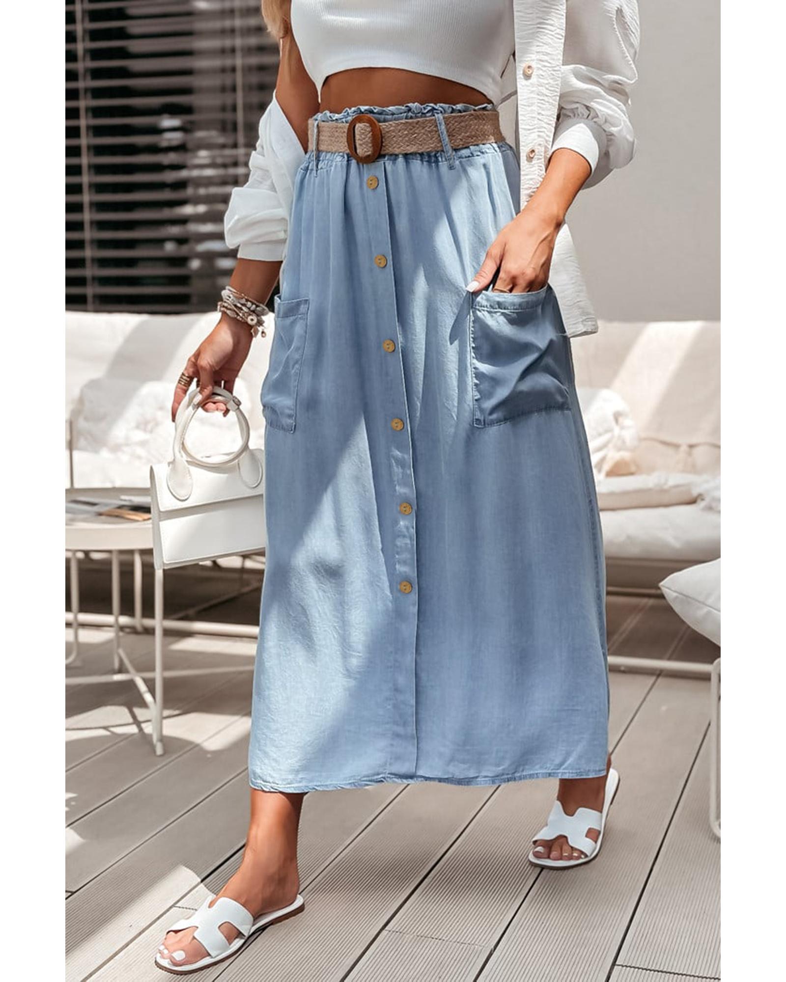 Beau Blue Buttoned Front High Waist Side Pockets Denim Maxi Skirt - L