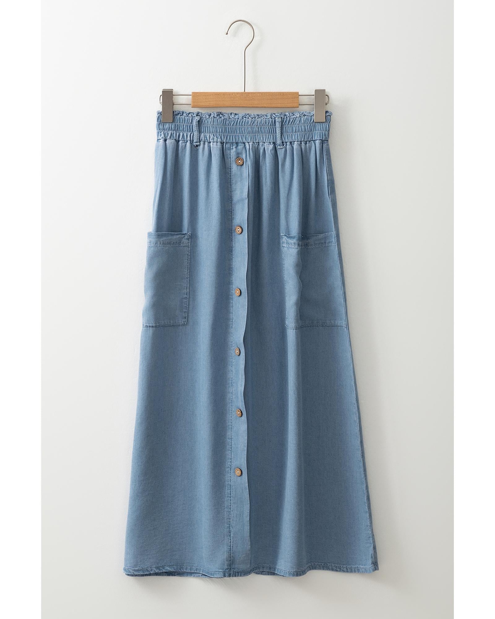 Beau Blue Buttoned Front High Waist Side Pockets Denim Maxi Skirt - L