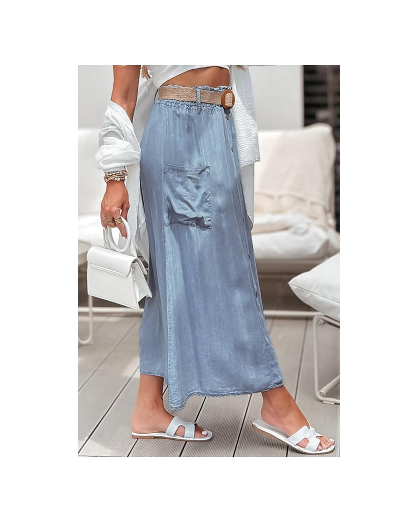 Beau Blue Buttoned Front High Waist Side Pockets Denim Maxi Skirt - M
