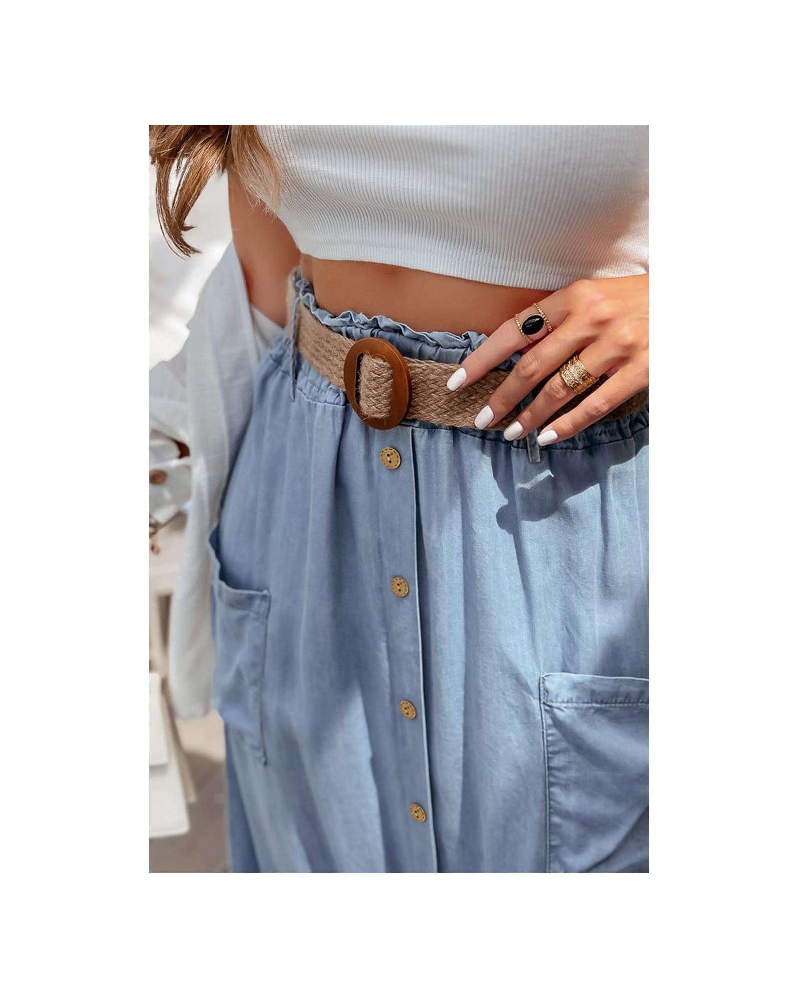 Beau Blue Buttoned Front High Waist Side Pockets Denim Maxi Skirt - M