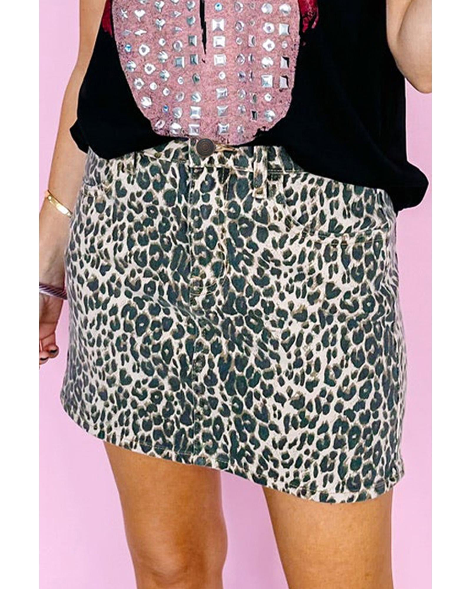 Khaki Leopard Denim Mini Skirt - 14 US