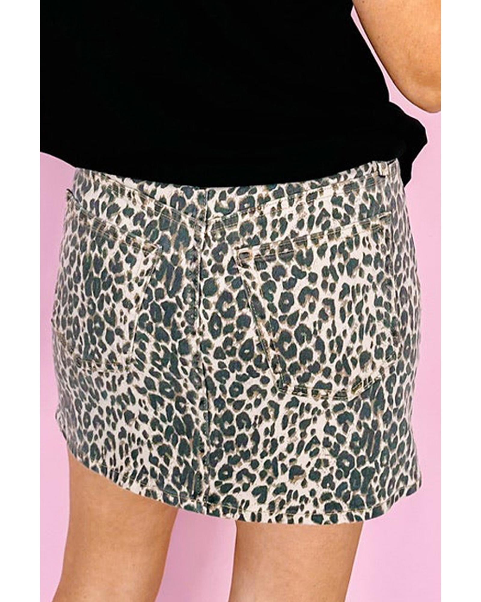 Khaki Leopard Denim Mini Skirt - 14 US