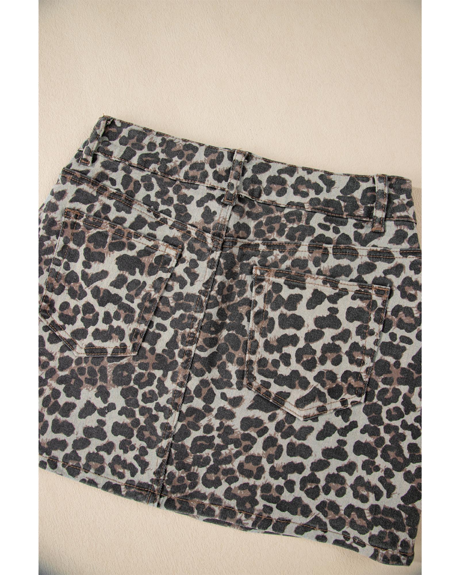 Khaki Leopard Denim Mini Skirt - 14 US