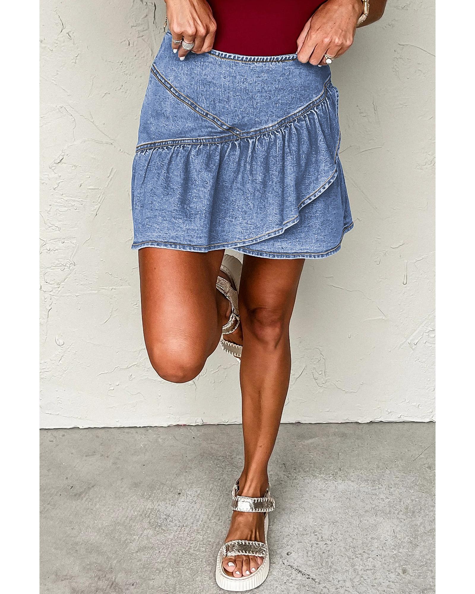 Beau Blue Asymmetric Ruffle Overlay Denim Mini Skirt - L