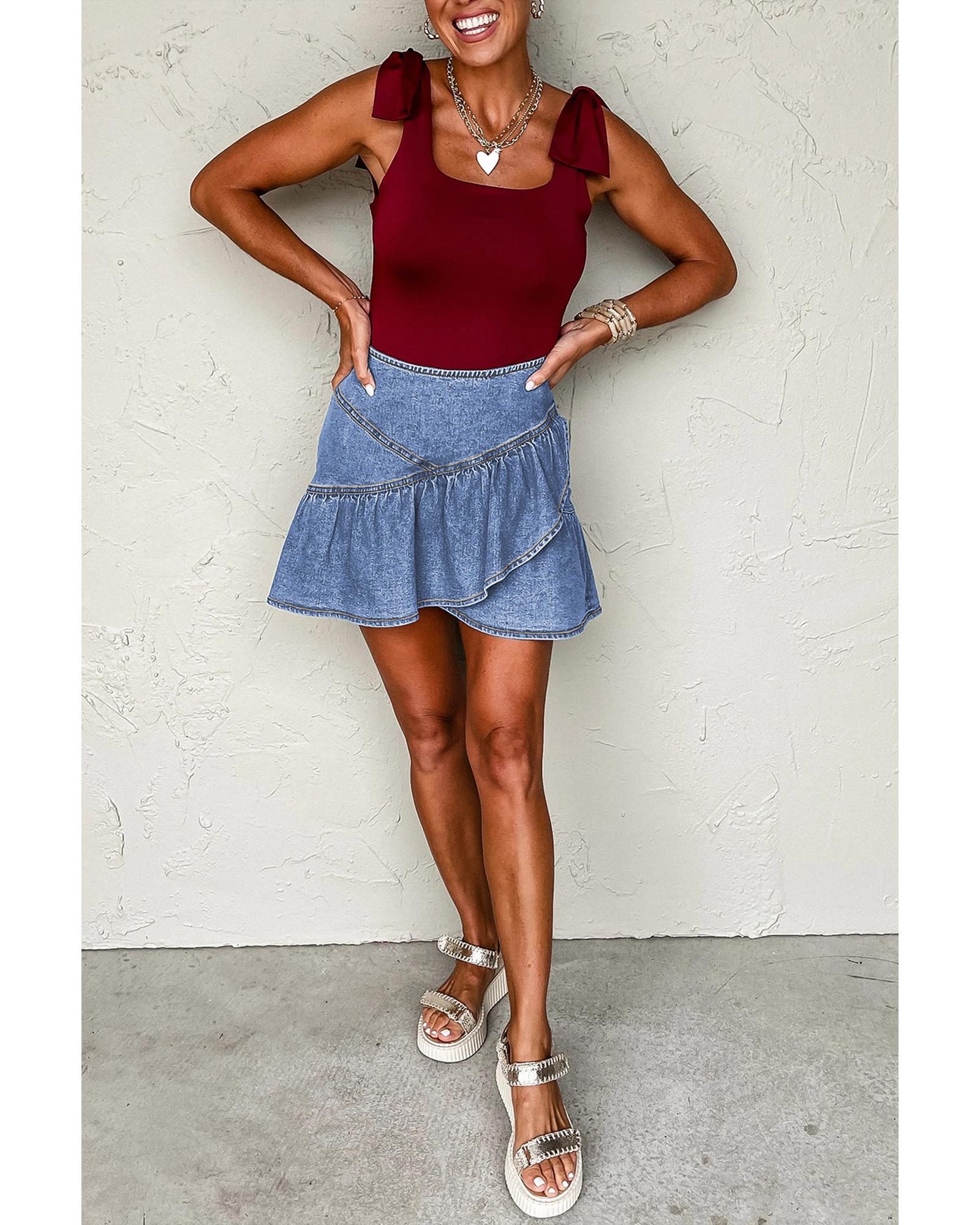 Beau Blue Asymmetric Ruffle Overlay Denim Mini Skirt - XL