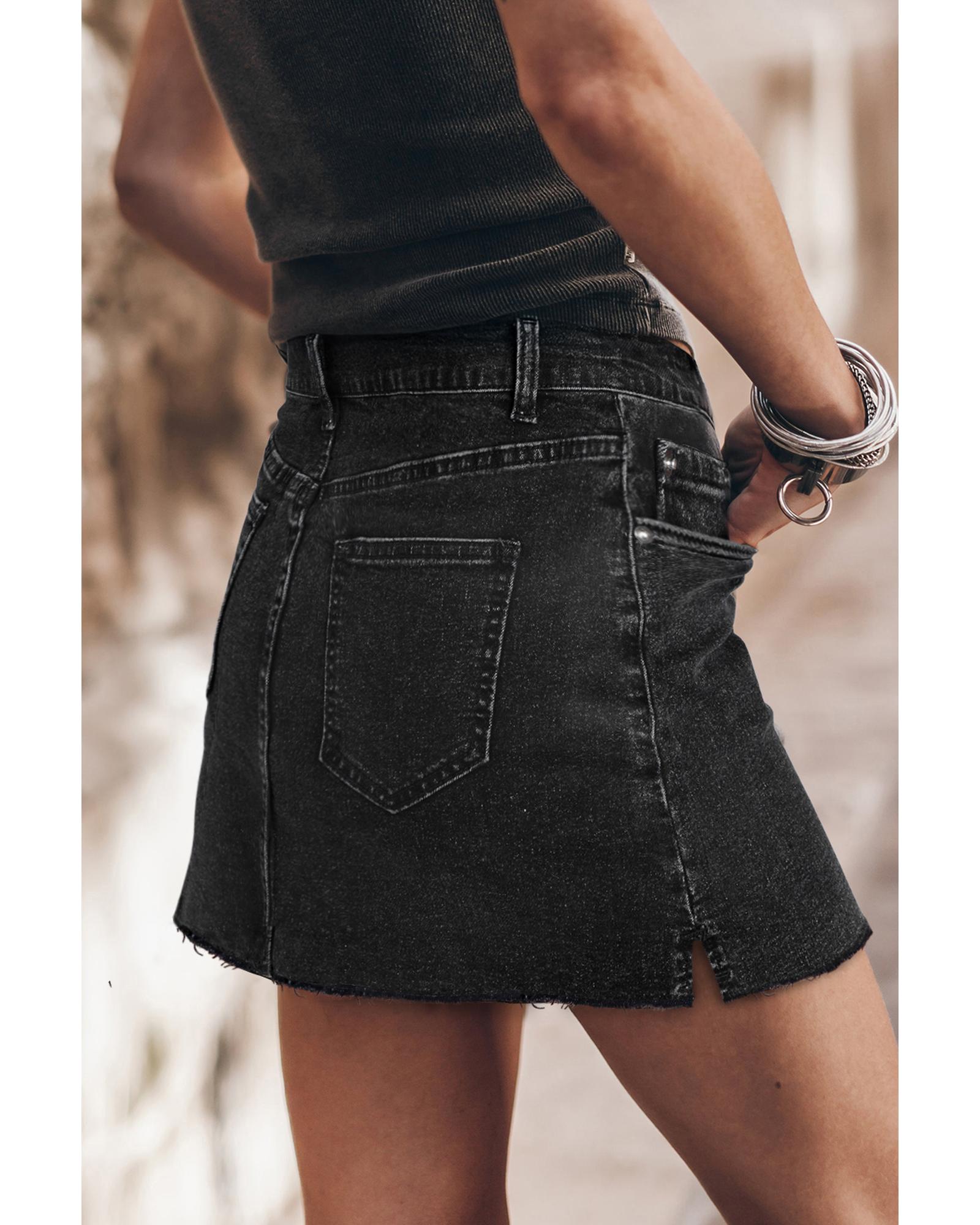 Carbon Grey Mineral Wash Ripped Raw Hem Denim Mini Skirt - 10 US