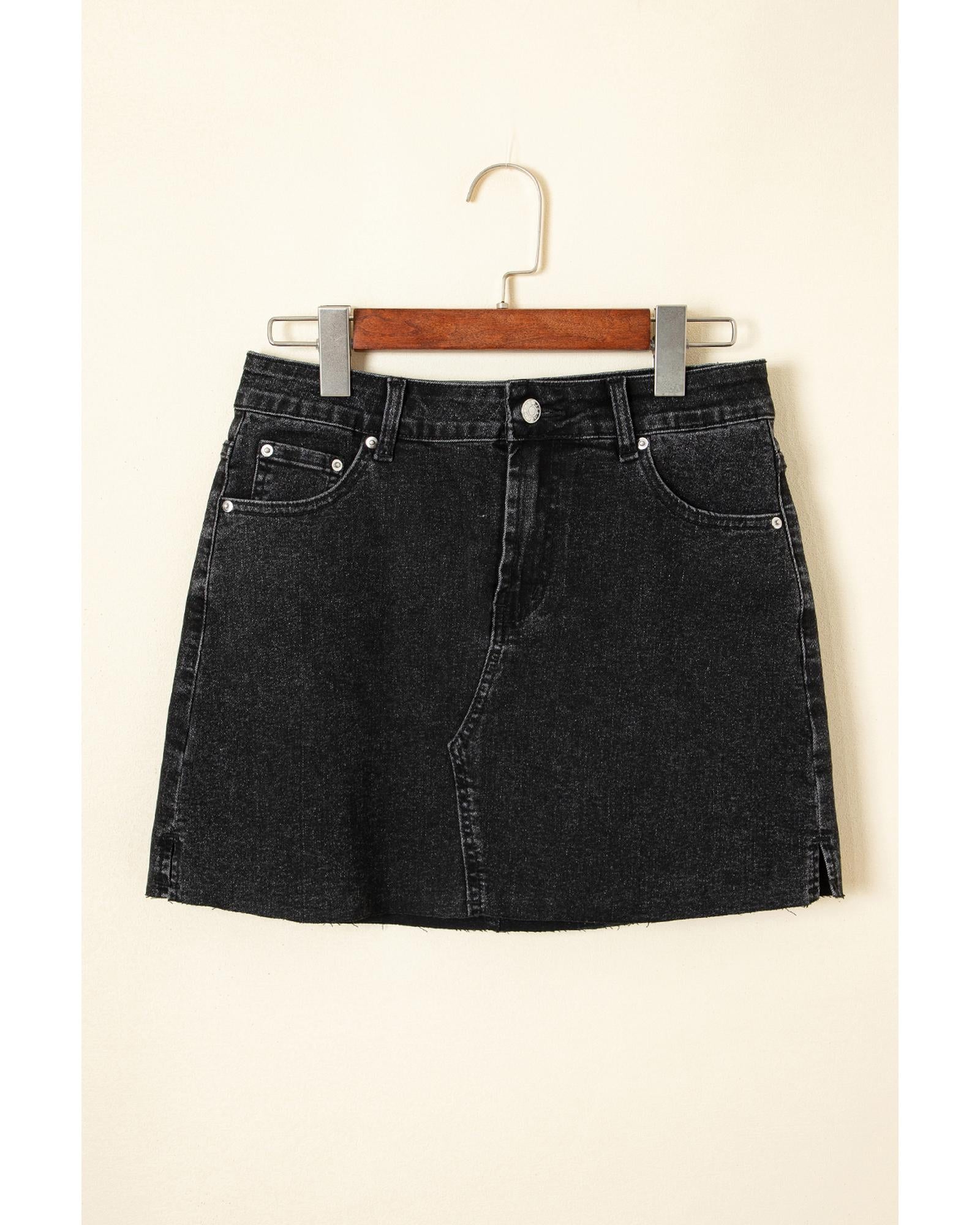 Carbon Grey Mineral Wash Ripped Raw Hem Denim Mini Skirt - 6 US