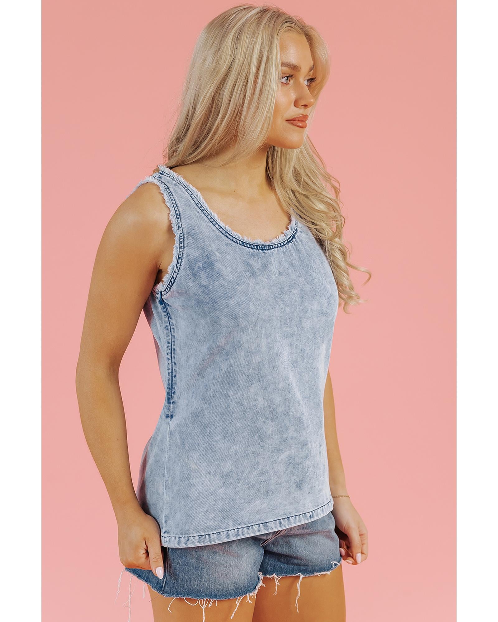 Beau Blue Mineral Wash Denim Frayed U Neck Sleeveless Top - M