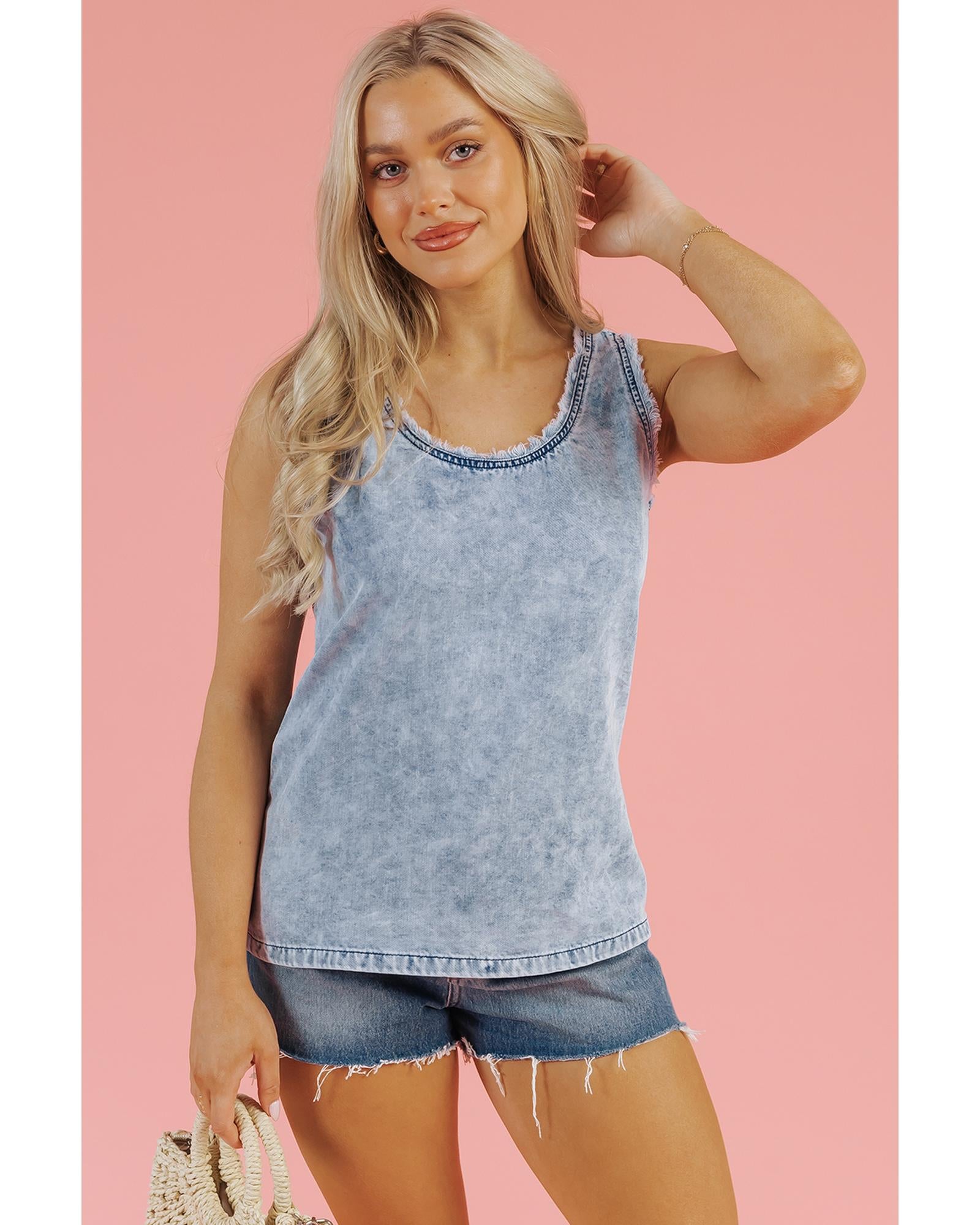 Beau Blue Mineral Wash Denim Frayed U Neck Sleeveless Top - M