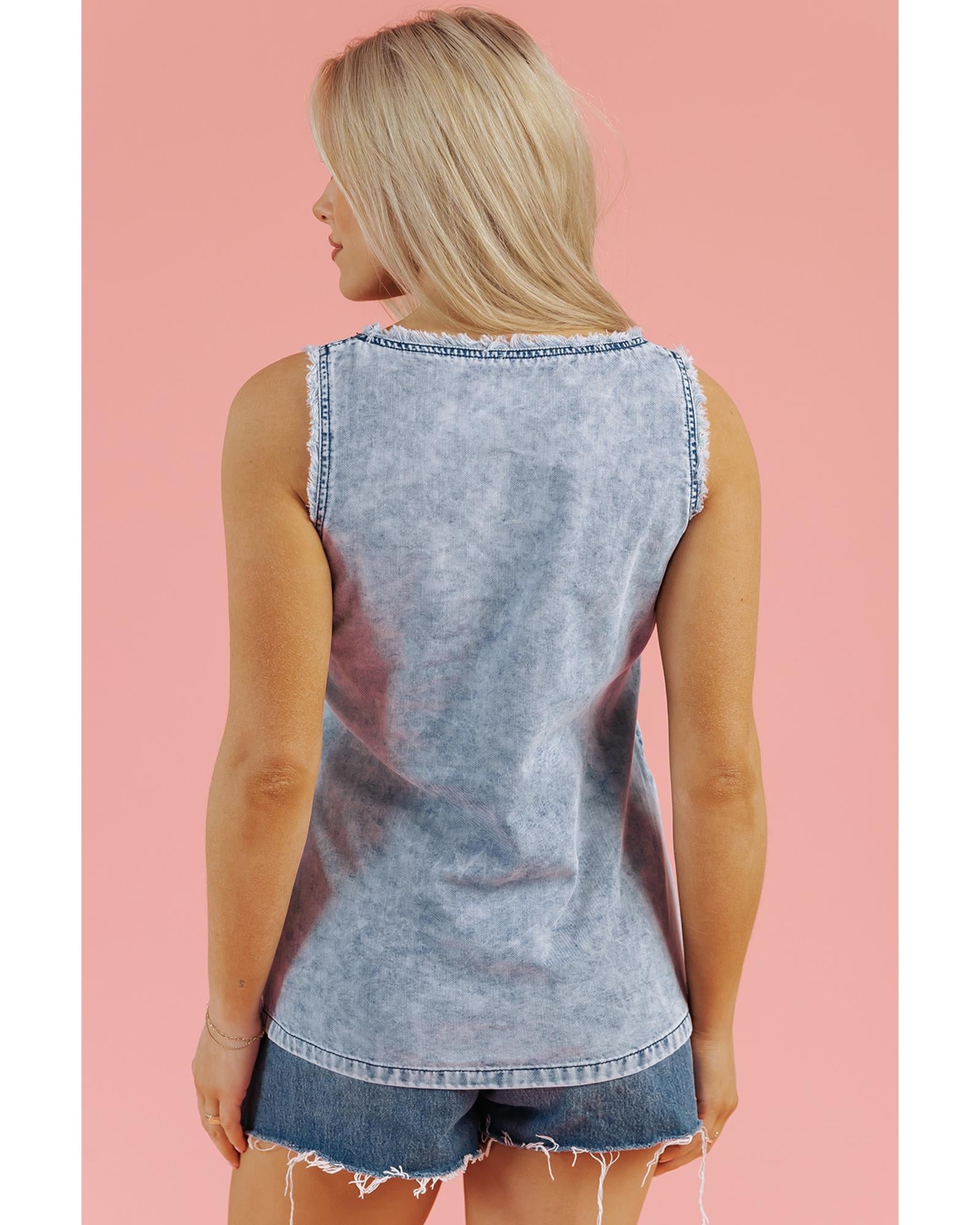 Beau Blue Mineral Wash Denim Frayed U Neck Sleeveless Top - S