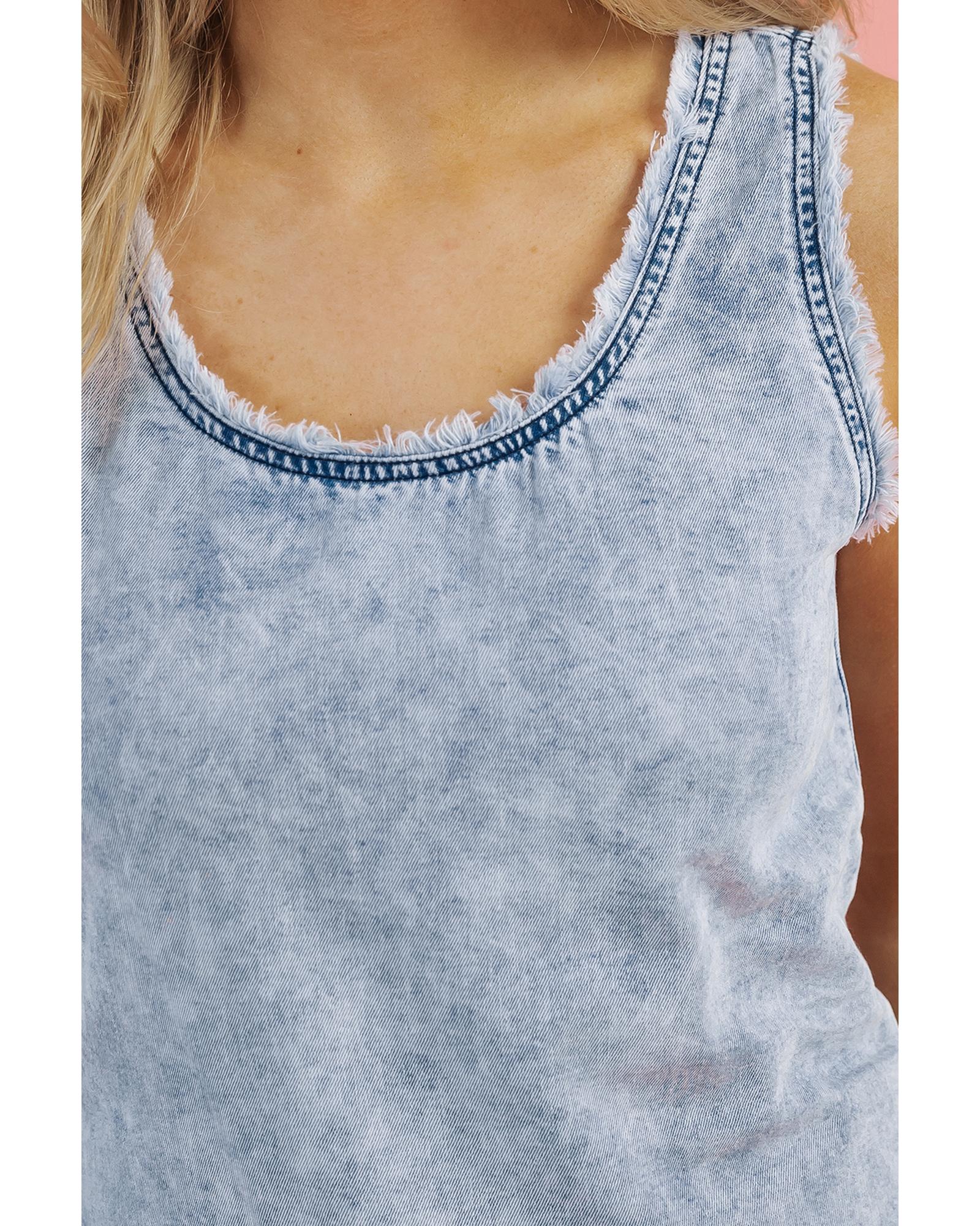 Beau Blue Mineral Wash Denim Frayed U Neck Sleeveless Top - S