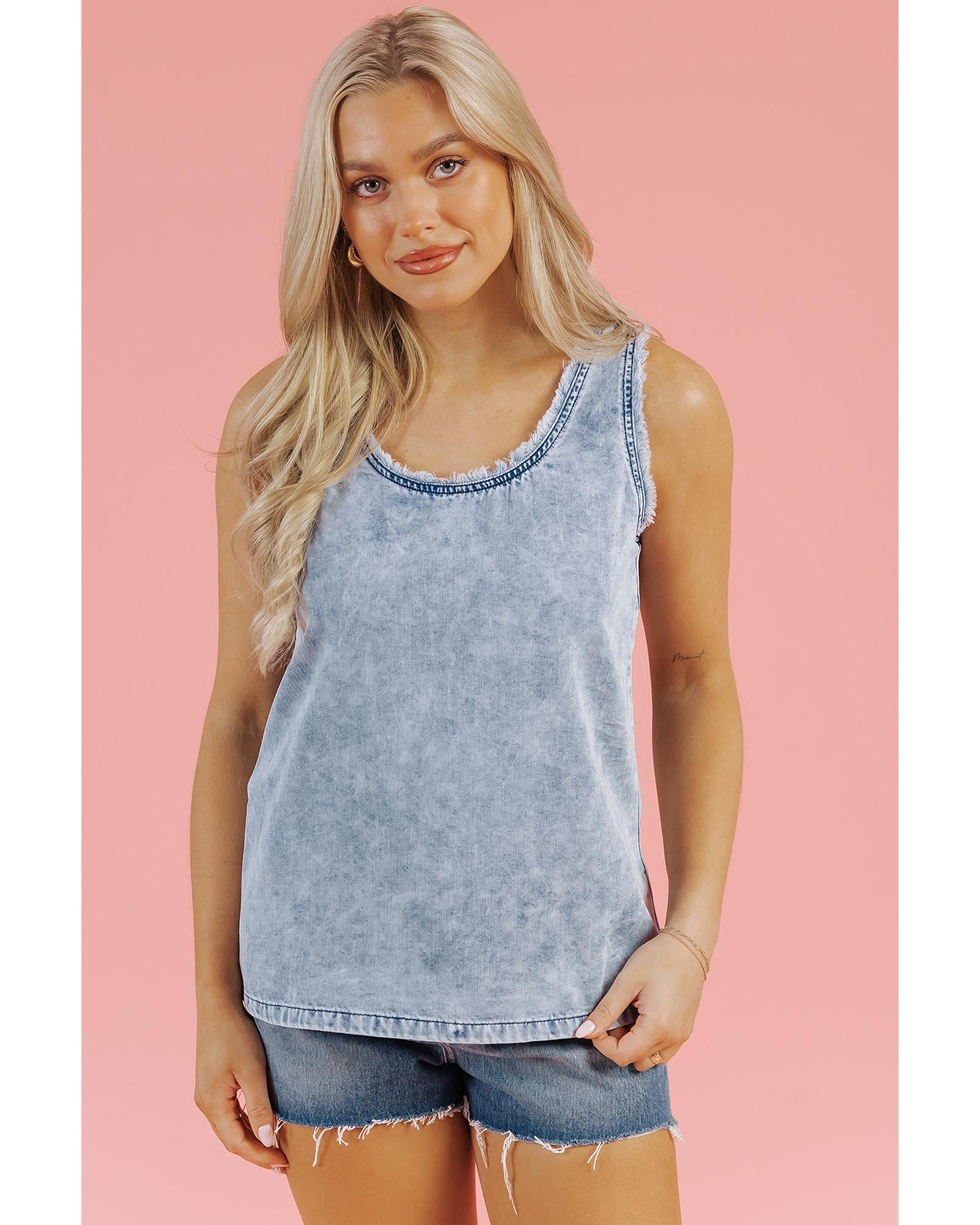 Beau Blue Mineral Wash Denim Frayed U Neck Sleeveless Top - XL
