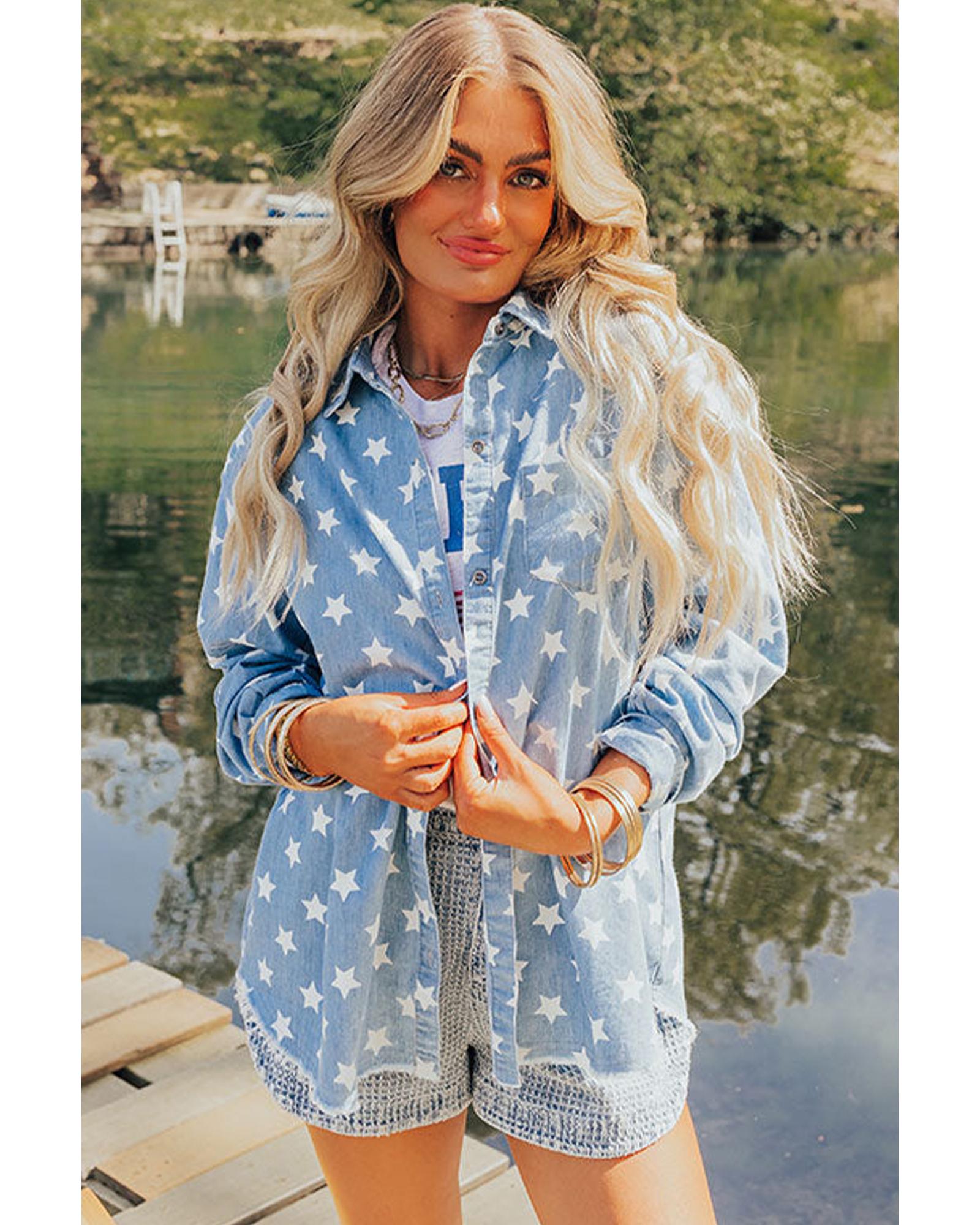 Sky Blue Star Print Light Wash Raw Hem Denim Jacket - L