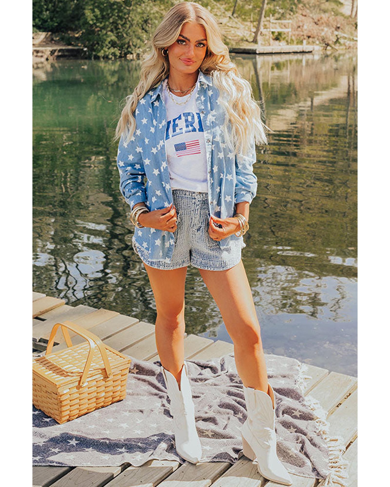 Sky Blue Star Print Light Wash Raw Hem Denim Jacket - L