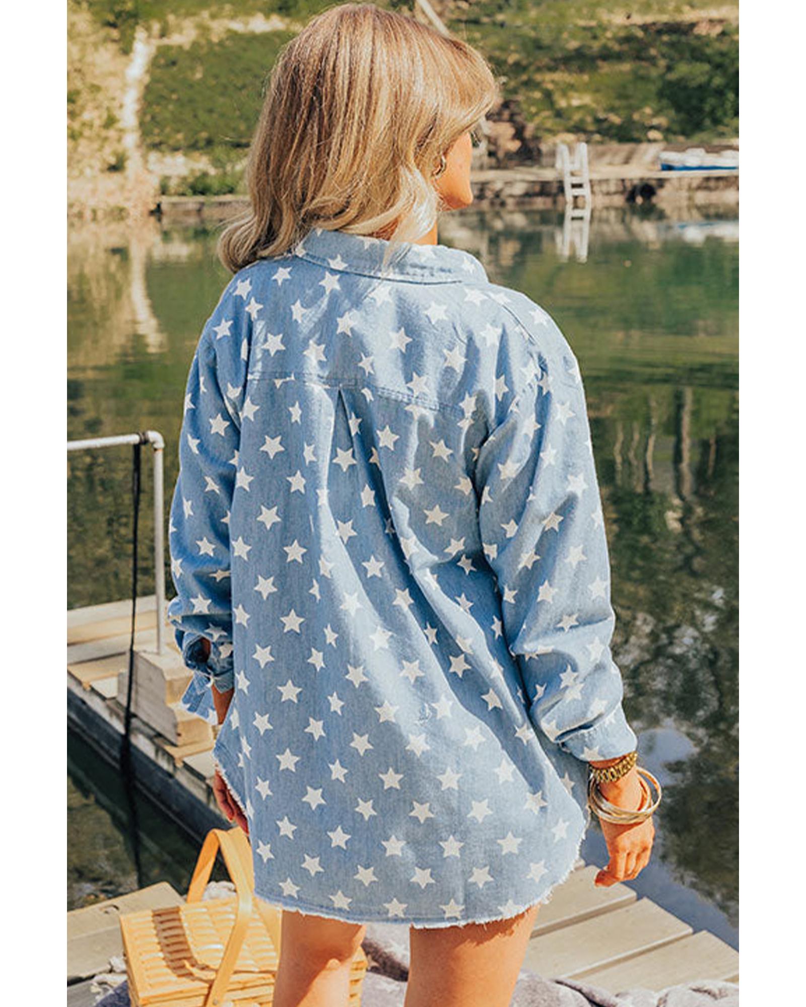 Sky Blue Star Print Light Wash Raw Hem Denim Jacket - L