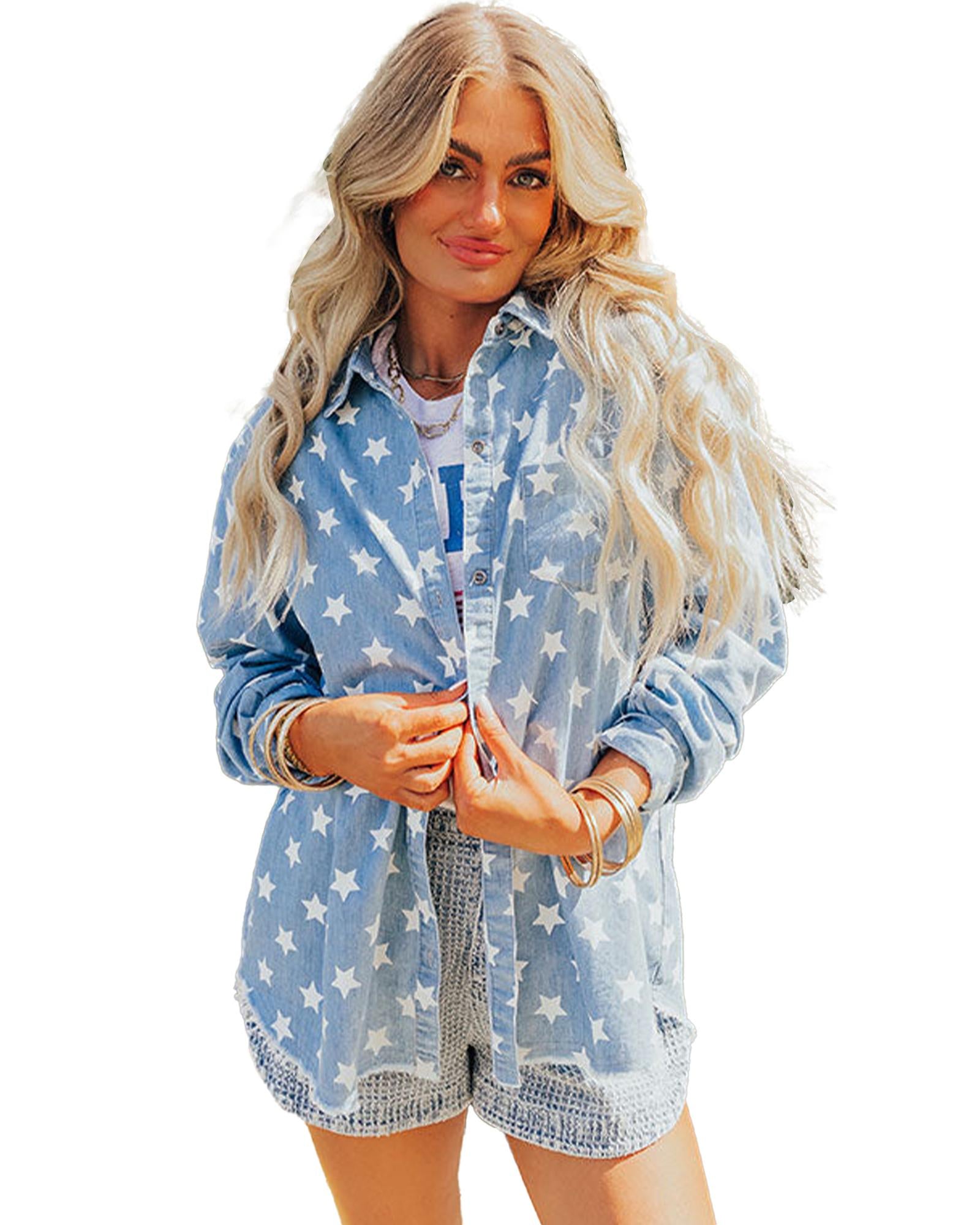 Sky Blue Star Print Light Wash Raw Hem Denim Jacket - L